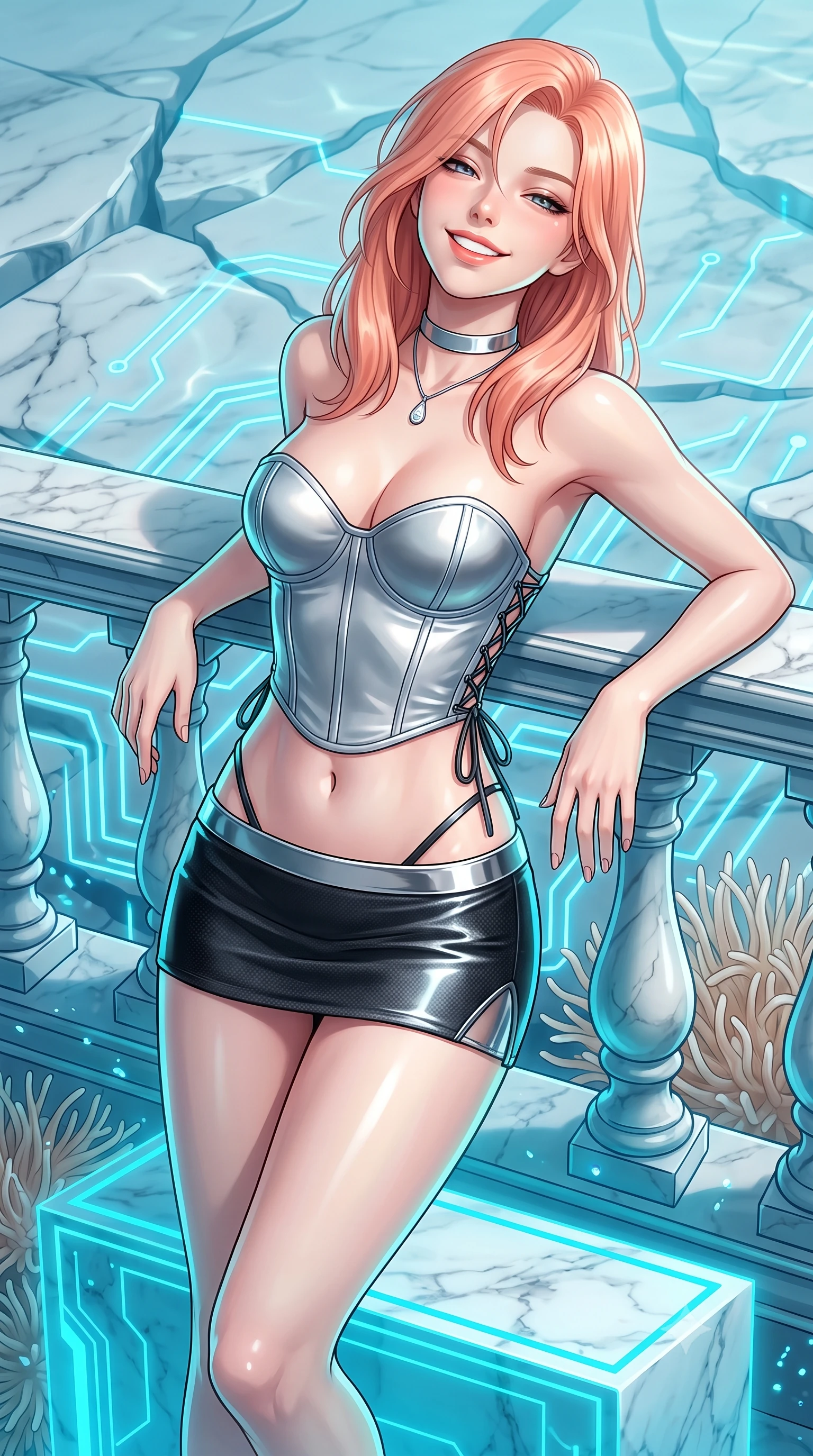score_9, masterpiece, best quality, ultra-detailed, high-budget anime keyframe, editorial fashion photography, tasteful artistic composition, Japanese woman. close-up cowboy shot from the waist and thighs up, the character dominates the composition, filling the frame with her large presence. leaning back against the balustrade with relaxed seductive grace, head tilted back slightly while casting a hypnotic, heavy-lidded gaze while standing poised on the submerged white marble podium reconstructed with solid cyan hard-light holograms, arching her lower back with sovereign supermodel allure. The surrounding environment is rendered in vivid detail and crisp panoramic clarity: sharp white Carrara marble fractures, pulsing cyan holographic circuitry lines, and delicate sea anemone textures in deep focus. She has an exceptionally elegant, slender, and willowy female figure with an ultra-slim waist, flat toned midriff, narrow ribcage, and sculpted feminine hips creating an alluring, slim hourglass silhouette without bulk. sharp v-shaped jawline, high-bridge nose, intricate jewel-like sparkling eyes with depth, thick eyelashes, glossy parted lips with a natural peach sheen, bright cheerful beaming smile with an enchanting and coquettish sensual glint, exuding both youthful cute charm and seductive allure, flawlessly proportioned anatomical accuracy, strict slender model proportions, natural body alignment, perfectly sculpted long slender limbs, ultra-slim waistline, clean dynamic posture without body distortion. wearing a sculpted satin cyber-corset with lace-up side ties paired with a low-rise micro skirt in matte carbon fiber black and polished chrome, made of fluid liquid jersey with seamless sculpting hold and smooth contours, finished with a minimalist chrome choker and a single teardrop diamond pendant, the liquid-tight tailored fabric clinging flawlessly to her narrow waist and rounded feminine hips, emphasizing every millimeter of her sculpted slim hourglass curves without any bulky heaviness. illuminated by submerged marble reflection bounce and sharp aquamarine rim lights defining her jawline, narrow waist, and curvy hips. ultra-reflective glossy finish, specular highlights, rich textural contrasts, high-contrast stereoscopic depth, volumetric dynamic lighting, 2k, ultra detail, master piece, 9:16 ratio