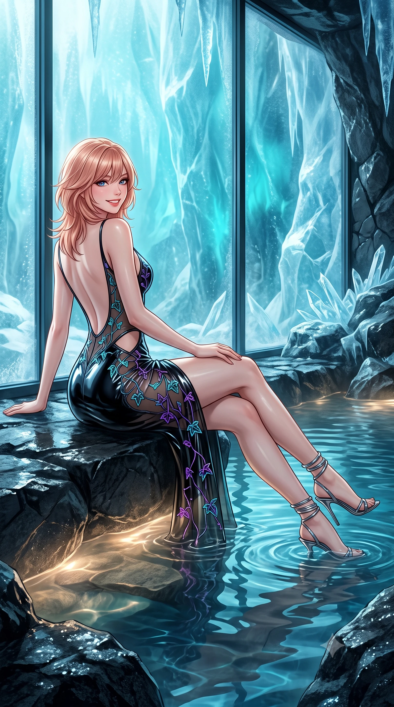 score_9, masterpiece, best quality, ultra-detailed, high-budget anime keyframe, editorial fashion photography, tasteful artistic composition, Japanese woman. low angle full-body shot from head to toe showing her feet, filling the entire 9:16 vertical frame with her statuesque presence, stretching her vertical silhouette. posing in a classic haute-couture S-curve stance beside the floor-to-ceiling window, looking over a bare shoulder with magnetic presence while reclining gracefully on the submerged heated stone shelf with legs extended, displaying her long slender limbs and statuesque hourglass silhouette against the frozen blue cavern. The surrounding environment is rendered in vivid detail and crisp panoramic clarity: sharp frozen ice crystal fractures, wet black basalt stone textures, and pristine thermal water ripples in deep focus. She has an exceptionally tall and slender model-like 8.5-heads proportion, an ultra-slim waist, a flat toned midriff, narrow delicate ribcage, and beautifully sculpted feminine hips creating a graceful, slim hourglass silhouette without any bulky heaviness, with impossibly long slender legs. sharp v-shaped jawline, high-bridge nose, intricate jewel-like sparkling eyes with depth, thick eyelashes, glossy parted lips with a natural peach sheen, bright cheerful beaming smile with an enchanting and coquettish sensual glint, exuding both youthful cute charm and seductive allure, flawlessly proportioned anatomical accuracy, strict slender model proportions, natural body alignment, perfectly sculpted long slender limbs, ultra-slim waistline, clean dynamic posture without body distortion. wearing a provocative sheer noir illusion mesh cocktail dress with embroidered climbing metallic ivy contouring her curves in Cheonggyecheon neon aqua and ultraviolet amethyst, tailored from high-gloss patent leather with mirror-like specular highlights, complemented by strappy stiletto sandals with metallic ankle wraps accentuating her slender calves, the precision-cut side openings and low-back scoop framing her graceful spine and the sensual sweep of her slim, toned hips. bathed in natural turquoise light filtering through dense glacial ice combined with soft warm 2700K underwater thermal LEDs. ultra-reflective glossy finish, specular highlights, rich textural contrasts, high-contrast stereoscopic depth, volumetric dynamic lighting, 2k, ultra detail, master piece, 9:16 ratio