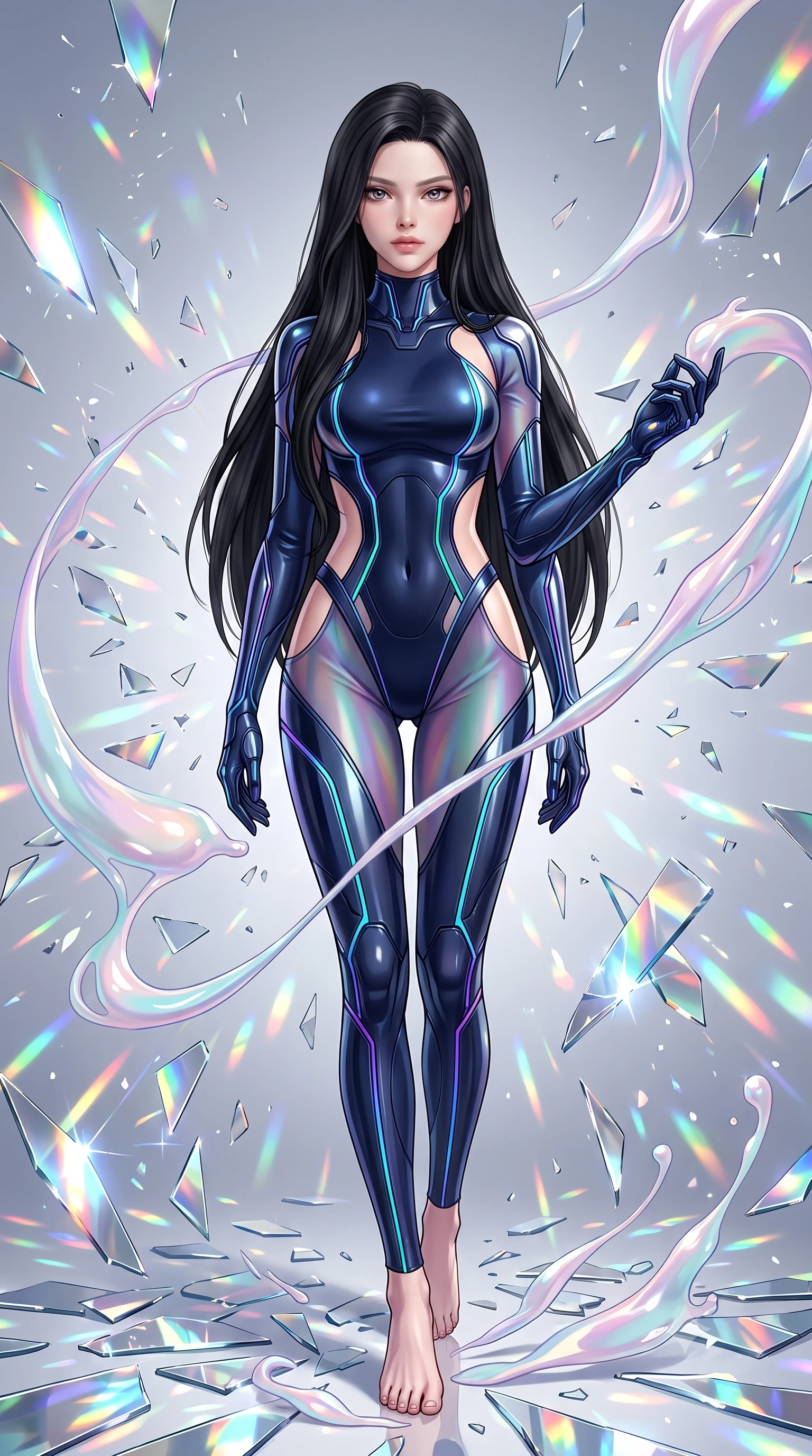 score_9, masterpiece, best quality, ultra-detailed, high-budget anime keyframe, editorial fashion photography, tasteful artistic composition, Korean woman. low angle full-body shot from head to toe showing her feet, filling the entire 9:16 vertical frame with her statuesque presence, stretching her vertical silhouette. stepping forward with proud posture, filling the vertical frame with her magnetic presence guiding viscous opal paint ribbons hovering gracefully in mid-air, shattered mirror shards scattering brilliant rainbow reflections everywhere. She has an absolutely perfect, statuesque 8.5-heads proportion, an exceptionally tall and slender model-like female figure with impossibly long slender legs and an ultra-slim waist. sharp v-shaped jawline, high-bridge nose, intricate jewel-like eyes with depth, thick eyelashes, glossy lips with a natural sheen. wearing a skin-tight cybernetic bodysuit with glowing neon seams and side cutouts in midnight navy blue and chrome trim, crafted from iridescent chiffon that shifts colors in the light, featuring clean architectural cutouts along her slender torso, the glove-like fit emphasizing her statuesque silhouette. bathed in high-contrast vibrant studio lighting with sharp specular highlights. highly saturated vibrant anime colors, detailed shading with soft gradients, rich glossy textures, high-contrast stereoscopic depth, volumetric dynamic lighting, master piece, 9:16 ratio