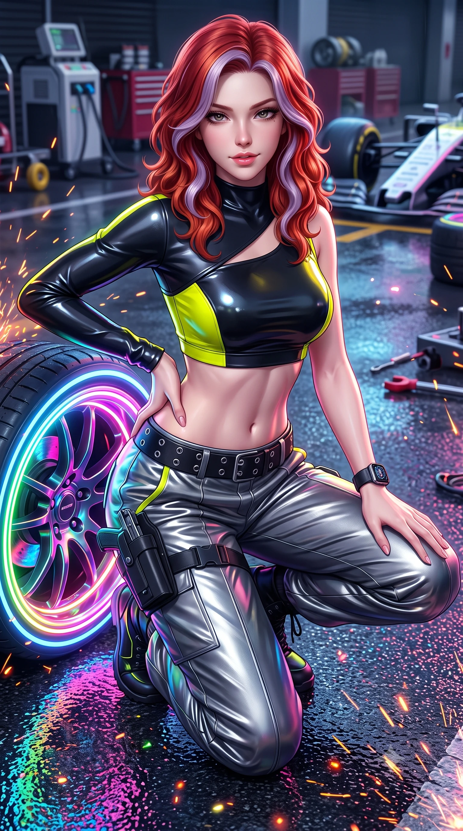 score_9, masterpiece, best quality, ultra-detailed, high-budget anime keyframe, semi-realistic 3D game render, editorial fashion photography, tasteful artistic composition, Caucasian woman. close-up cowboy shot from the waist and thighs up, the character dominates the composition, filling the frame with her large presence. arching her spine in an alluring serpentine S-curve, one hand resting on her waist with parted glossy lips and an intensely magnetic gaze while crouching low beside a glowing neon wheel rim, one hand resting on her thigh, casting an intense, electrifying smirk. The composition keeps background elements in soft focus with creamy bokeh. rain-slicked asphalt reflections and turbo exhaust sparks scattering vivid chromatic light motes. She has an exceptionally elegant, slender, and willowy female figure with an ultra-slim waist, a gracefully sculpted slender torso, toned flat midriff, and a refined slim silhouette. sharp v-shaped jawline, high-bridge nose, intricate jewel-like eyes with depth, thick eyelashes, glossy parted lips with a natural sheen, intensely captivating and seductive expression, flawlessly proportioned anatomical accuracy, strict slender model proportions, natural body alignment, perfectly sculpted long slender limbs, ultra-slim waistline, clean dynamic posture without body distortion. wearing an asymmetric single-sleeve moto crop top paired with baggy metallic parachute trousers and grommet belt in high-gloss asphalt black and hazard neon yellow, crafted from flexible ballistic matte leather and aerodynamic stretch neoprene, equipped with a low-slung utility holster and racing telemetry smartwatch, the liquid-tight tailored fabric emphasizing every curve of her tall, slender model proportions and sculptured silhouette. surrounded by a fierce, electrifying, and irresistibly intoxicating motorsport queen aura. highly saturated vibrant anime colors, detailed shading with soft gradients, rich glossy textures, high-contrast stereoscopic depth, volumetric dynamic lighting, master piece, 9:16 ratio