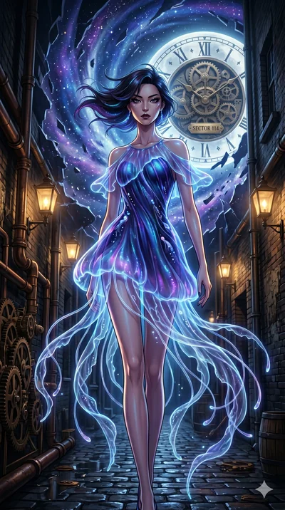 score_9, masterpiece, best quality, ultra-detailed, Set A: High-budget Anime Keyframe, Korean woman. Low angle cowboy shot filling the entire 9:16 frame with her statuesque presence. Theme: Primal Nature. shattering the fabric of reality in a steampu