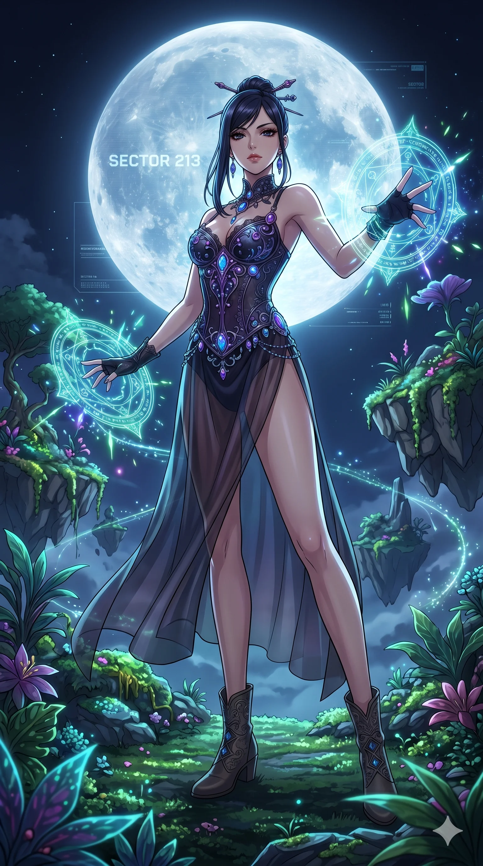 score_9, masterpiece, best quality, ultra-detailed, Set A: High-budget Anime Keyframe, Japanese woman. Low angle cowboy shot filling the entire 9:16 frame with her statuesque presence. Casting a spell through a floating botanical garden, with a massive holographic moon rising behind her marked as sector 213 and surrounded by glowing energy sparks. She has an absolutely perfect 8-heads proportion, an exceptionally tall and slender female figure with impossibly long slender legs and an ultra-slim waist. Sharp v-shaped jawline, high-bridge nose, intricate jewel-like eyes with depth, thick eyelashes, glossy lips with a natural sheen. Wearing Intricate jewel-encrusted corset over a sheer silk slip with high-cut leg line. Cinematic lighting, vibrant colors, dramatic shadows, 2k, ultra detail, master piece, 9:16 ratio