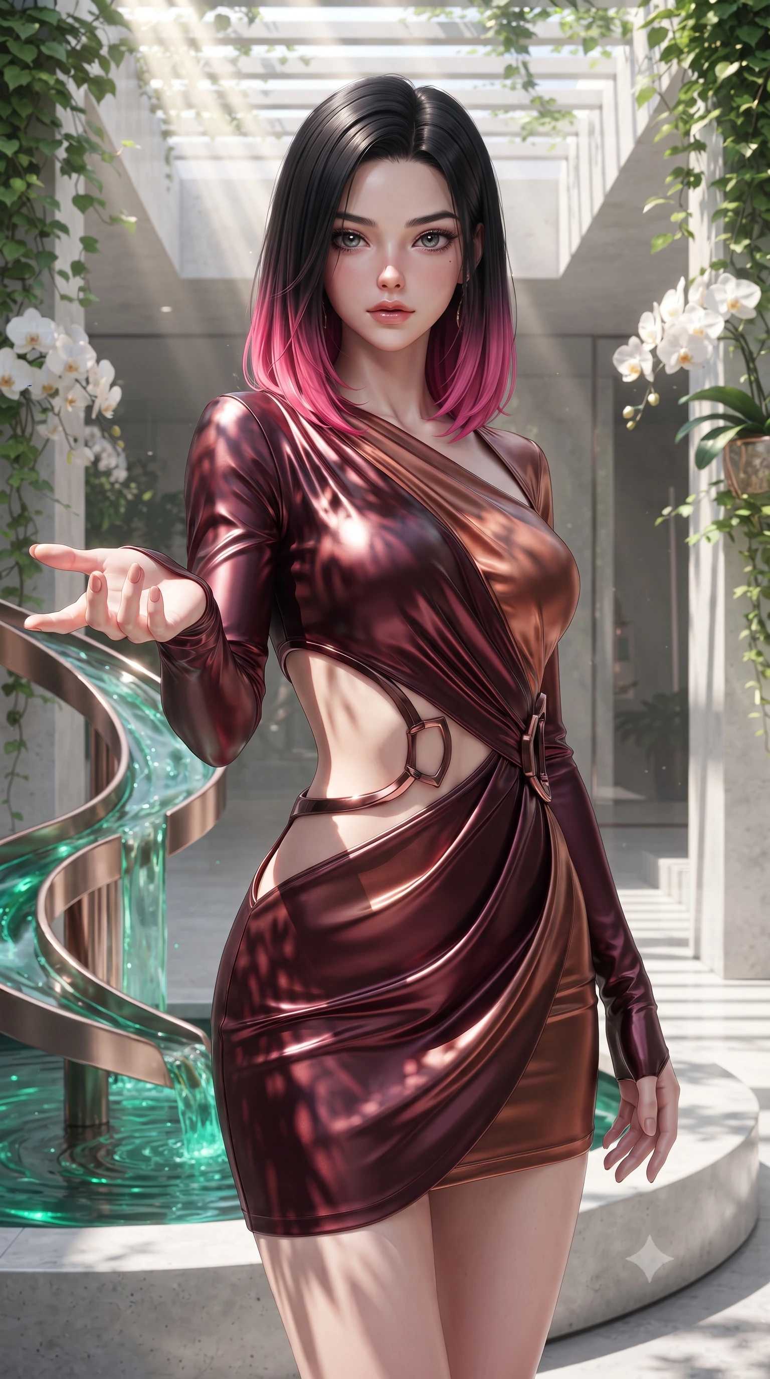 score_9, masterpiece, best quality, ultra-detailed, high-budget anime keyframe, editorial fashion photography, tasteful artistic composition, Korean woman. close-up cowboy shot from the waist and thighs up, the character dominates the composition, filling the frame with her large presence, background elements kept in soft focus. Reaching one hand gracefully toward the viewer with effortless superiority and allure standing by a hydro-flow spiral fountain flowing with bioluminescent emerald sap, lush green vines and white orchids framing the bright architectural backdrop. She has an exceptionally elegant, slender, and willowy female figure with an ultra-slim waist, a gracefully sculpted slender torso, and a refined silhouette. sharp v-shaped jawline, high-bridge nose, intricate jewel-like eyes with depth, thick eyelashes, glossy lips with a natural sheen. wearing a dramatic open-waist cutout mini dress framed by sculptural hardware in deep burgundy and bronze, crafted from lustrous satin jersey with fluid draping, featuring clean architectural cutouts along her slender torso, the glove-like fit emphasizing her statuesque silhouette. illuminated by brilliant sunbeams casting organic leaf stencil shadows. ultra-reflective glossy finish, specular highlights, metallic sheen, high-contrast stereoscopic depth, volumetric dynamic lighting, 2k, ultra detail, master piece, 9:16 ratio