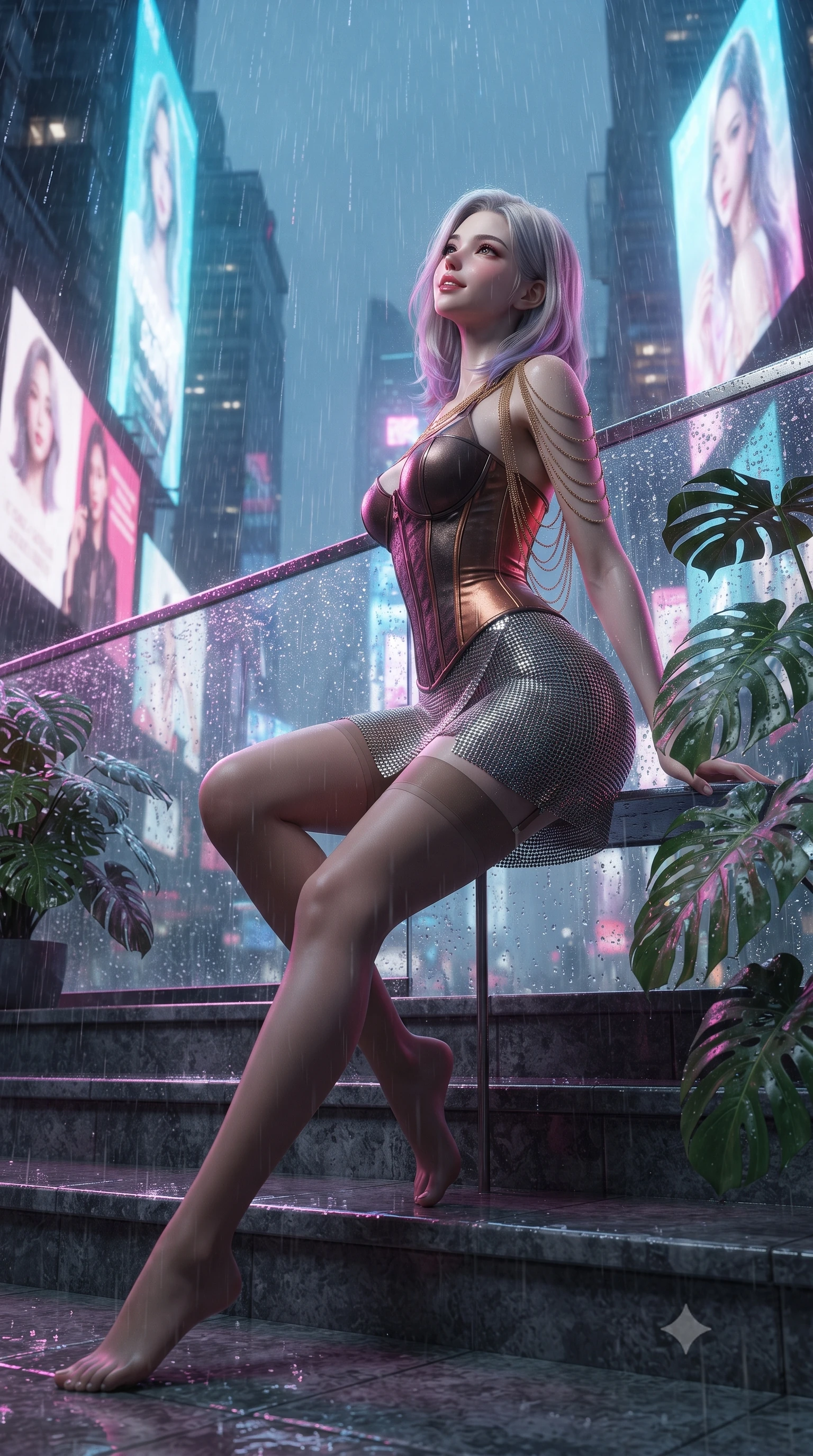 score_9, masterpiece, best quality, ultra-detailed, high-budget anime keyframe, editorial fashion photography, tasteful artistic composition, Caucasian woman. low angle full-body shot from head to toe showing her feet, filling the entire 9:16 vertical frame with her statuesque presence, stretching her vertical silhouette. sitting poised on the stone steps with one knee bent, arching her spine with supermodel elegance as she glances upward through thick eyelashes while leaning against the wet glass parapet with hips cocked back, looking through heavy rain toward towering holographic advertisements. The surrounding environment is rendered in vivid detail and crisp panoramic clarity: sharp water droplet beads on glass guardrails, wet tropical monstera leaf veins, and holographic pixel grain in deep focus. She has an absolutely perfect, statuesque 8.5-heads proportion, an exceptionally tall and slender model-like female figure with impossibly long slender legs, an ultra-slim waist, a flat toned midriff, narrow delicate ribcage, and beautifully sculpted feminine hips creating a graceful, slim hourglass silhouette without any bulky heaviness. sharp v-shaped jawline, high-bridge nose, sparkling eyes with hypnotic seductive depth, thick curled eyelashes, glossy parted lips with a natural dewy peach sheen, alluring bedroom-eyes with an enchanting coquettish smile, exuding magnetic siren charisma and sophisticated glamour, flawlessly proportioned anatomical accuracy, strict slender model proportions, natural body alignment, perfectly sculpted long slender limbs, ultra-slim waistline, clean dynamic posture without body distortion. wearing a structured boned leatherette corset bodice paired with an ultra-short micro-wrap mini skirt and sheer thigh-high stockings in sultry espresso bronze and metallic copper, crafted from shimmering fluid chainmail mesh reflecting ambient lights, accented with an open-back drape framed by falling strands of delicate gold chains, the second-skin tailored fabric adhering flawlessly to her sculpted flat midriff and slender torso, emphasizing her long leg lines and perfectly proportioned willowy build. illuminated by wet floor specular reflections and sharp magenta-cyan rim lights sculpting her razor-sharp jawline, narrow waist, and curvy hips. ultra-reflective glossy finish, specular highlights, rich textural contrasts, high-contrast stereoscopic depth, volumetric dynamic lighting, 2k, ultra detail, master piece, 9:16 ratio
