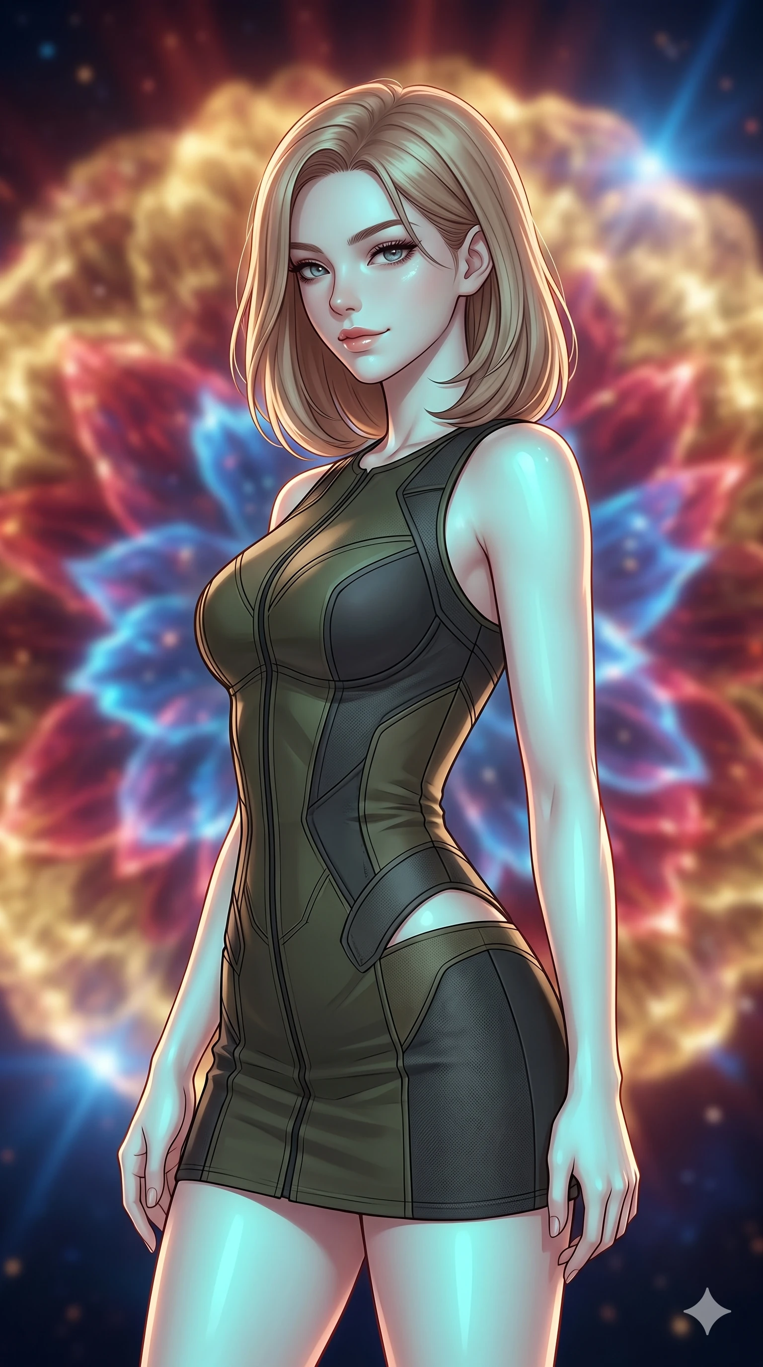 score_9, masterpiece, best quality, ultra-detailed, high-budget anime keyframe, editorial fashion photography, tasteful artistic composition, Korean woman. close-up cowboy shot from the waist and thighs up, the character dominates the composition, filling the frame with her large presence, background elements kept in soft focus. Glancing sidelong over her shoulder with a smoldering half-smile. set against a soft-focus background of witnessing the controlled explosion of a dying star whose energy releases in breathtaking slow-motion petals of pure light each layer peeling away in expanding shells of gold crimson and electric blue. She has an exceptionally elegant and slender, willowy female figure with an ultra-slim waist, a gracefully sculpted slender torso, and a refined slim physique. sharp v-shaped jawline, high-bridge nose, intricate jewel-like eyes with depth, thick eyelashes, glossy lips with a natural sheen. wearing a combat mini dress in dark olive green and charcoal, featuring subtle hip cutouts and a structured bodice. soft aqua bioluminescent light making her skin luminously glow against darkness. 2k, ultra detail, master piece, 9:16 ratio