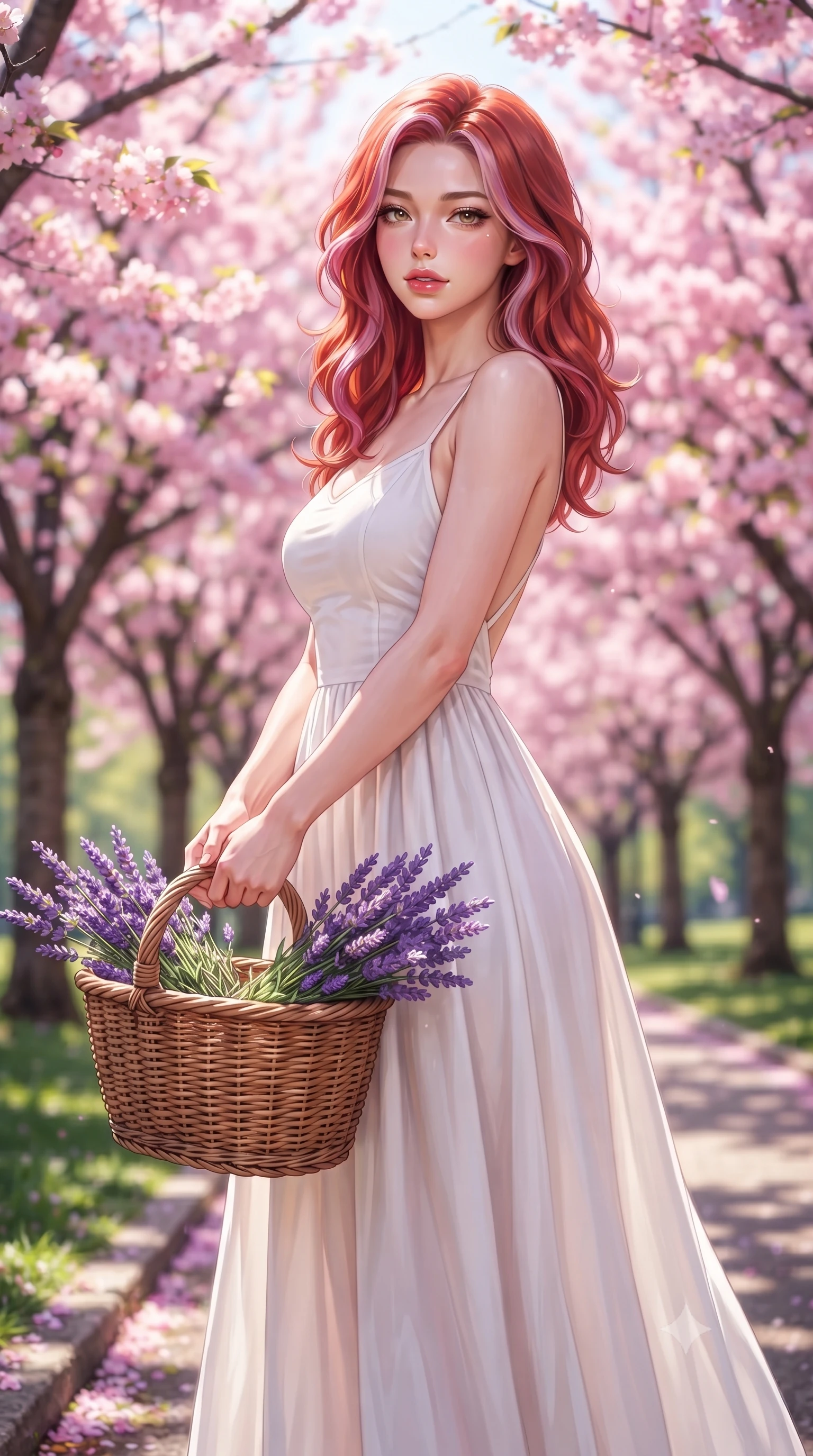 score_9, masterpiece, best quality, ultra-detailed, high-budget anime keyframe, editorial fashion photography, tasteful artistic composition, Caucasian woman. close-up cowboy shot from the waist and thighs up, the character dominates the composition, filling the frame with her large presence, background elements kept in soft focus. gazing at the camera with a smoldering, magnetic half-smile, softly parting her glossy lips set against a soft-focus background of walking down a park path lined with blooming pink cherry blossom trees carrying a woven basket filled with freshly picked lavender stems. She has an exceptionally elegant, slender, and willowy female figure with an ultra-slim waist, a gracefully sculpted slender torso, and a refined silhouette. sharp v-shaped jawline, high-bridge nose, intricate jewel-like eyes with depth, thick eyelashes, glossy lips with a natural sheen. wearing form-contouring backless cotton sundress in white, featuring delicate straps and a long flowing skirt. bright midday sun rays highlighting the vibrant colors of the flowers. highly saturated vibrant anime colors, detailed shading with soft gradients, rich glossy textures, high-contrast stereoscopic depth, volumetric dynamic lighting, master piece, 9:16 ratio