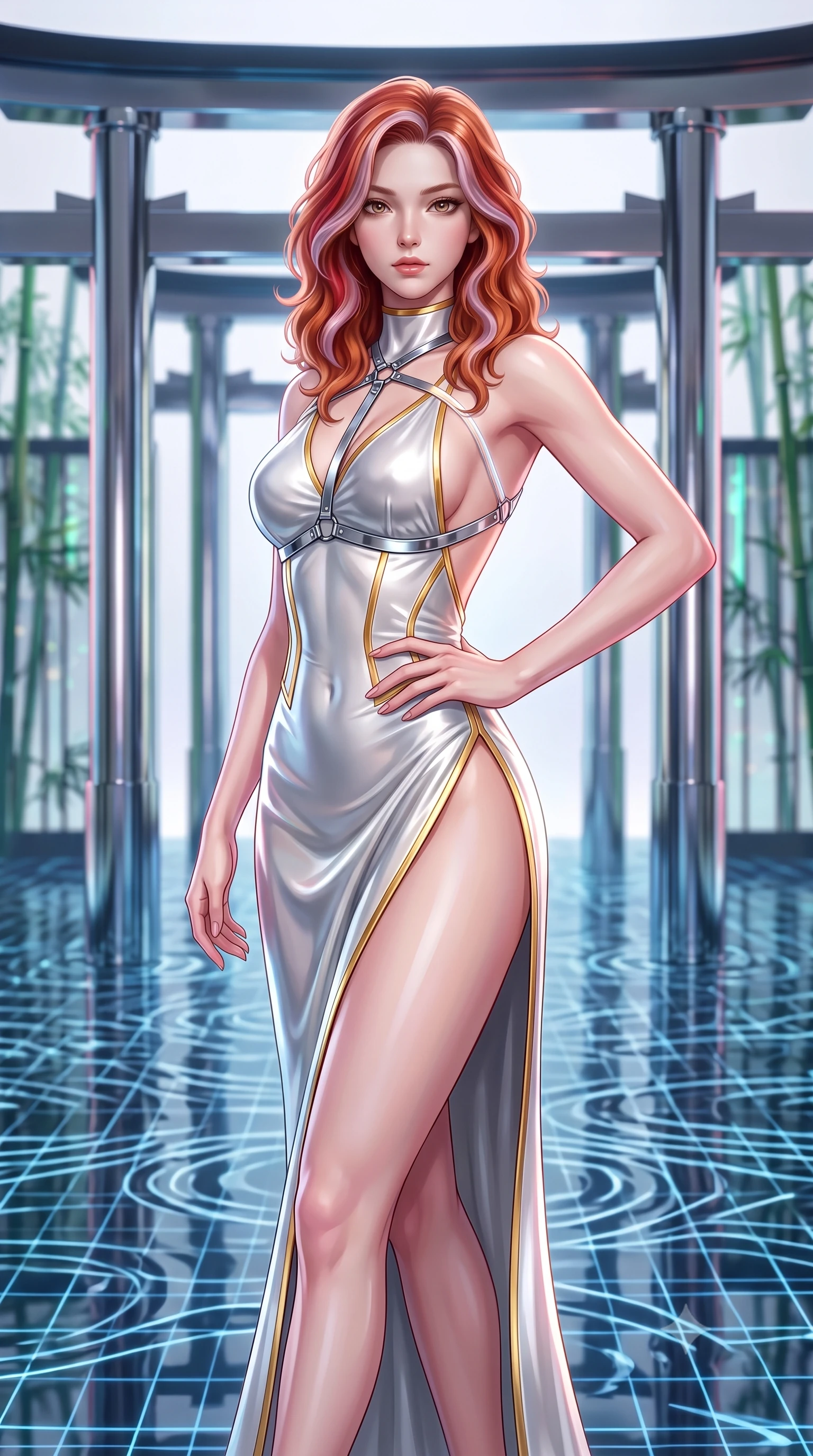 score_9, masterpiece, best quality, ultra-detailed, high-budget anime keyframe, semi-realistic 3D game render, editorial fashion photography, tasteful artistic composition, Caucasian woman. close-up cowboy shot from the waist and thighs up, the character dominates the composition, filling the frame with her large presence. twisting her upper body in a dynamic S-curve with commanding allure, one hand resting on her slender waist with haughty grace while striding gracefully along a mirrored chrome torii gate arcade suspended above a digital water matrix. The composition keeps background elements in soft focus with creamy bokeh. digital water ripple grids and distant bamboo cyber-screens softened by shallow depth of field. She has an exceptionally elegant, slender, and willowy female figure with an ultra-slim waist, a gracefully sculpted slender torso, toned flat midriff, and a refined slim silhouette. sharp v-shaped jawline, high-bridge nose, intricate jewel-like eyes with depth, thick eyelashes, glossy lips with a natural sheen, flawlessly proportioned anatomical accuracy, strict slender model proportions, natural body alignment, perfectly sculpted long slender limbs, ultra-slim waistline, clean dynamic posture without body distortion. wearing a backless molten silver liquid-metal gown with a high-cut side slit and precision-fitted waist boning in pristine liquid pearl white and radiant solar gold trim, crafted from ultra-reflective second-skin liquid metal with a mirror-like polish, reinforced by a sleek metallic chrome harness and delicate glowing micro-straps, the form-contouring material adhering flawlessly to her sculpted flat midriff and slender torso, emphasizing her long leg lines and perfectly proportioned willowy build. surrounded by an ethereal, timeless, and captivatingly graceful oriental cyber-goddess aura. rich saturated anime colors with glowing neon highlights, detailed shading with soft gradients, rich glossy textures, high-contrast stereoscopic depth, volumetric dynamic lighting, master piece, 9:16 ratio