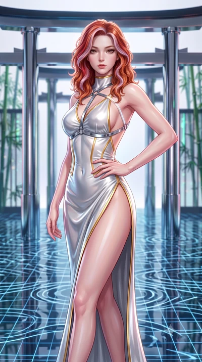 score_9, masterpiece, best quality, ultra-detailed, high-budget anime keyframe, semi-realistic 3D game render, editorial fashion photography, tasteful artistic composition, Caucasian woman. close-up cowboy shot from the waist and thighs up, the chara