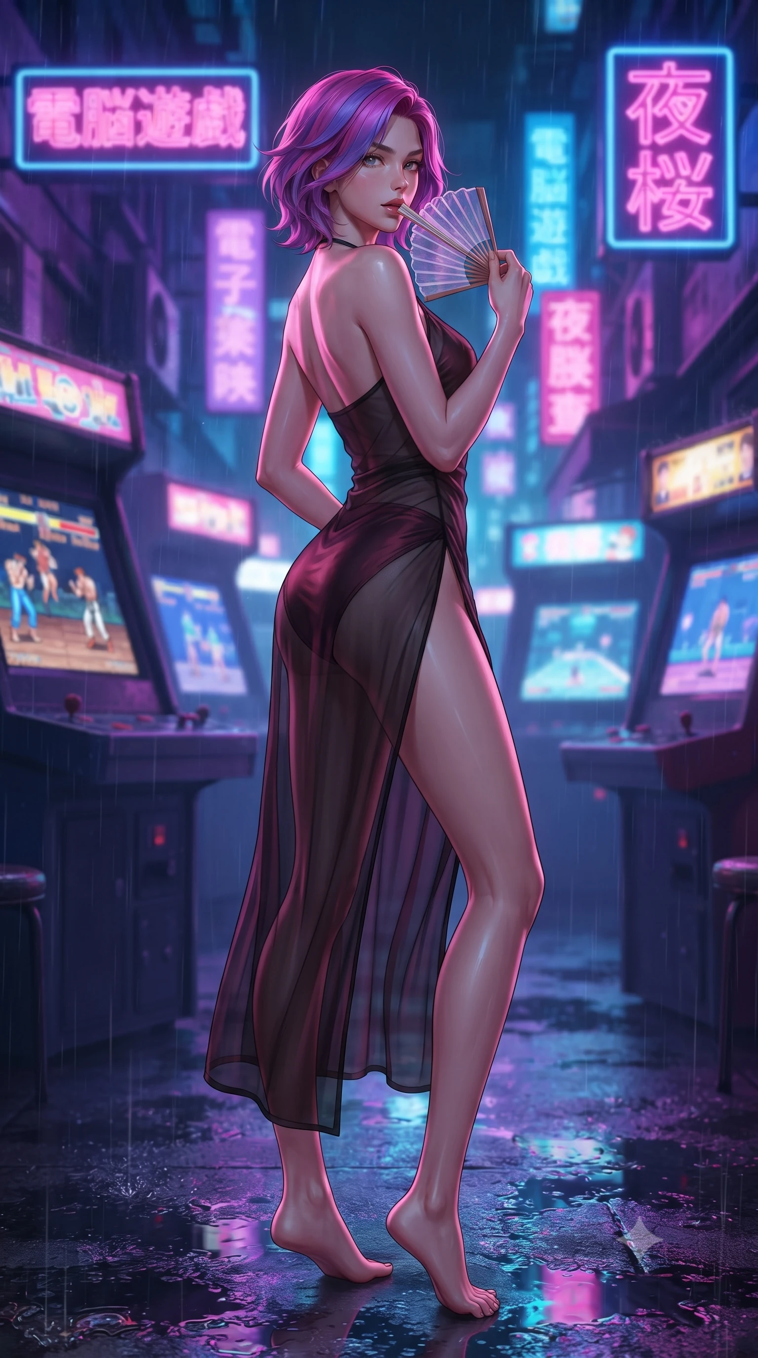 score_9, masterpiece, best quality, ultra-detailed, high-budget anime keyframe, editorial fashion photography, tasteful artistic composition, Caucasian woman. low angle full-body shot from head to toe showing her feet, filling the entire 9:16 vertical frame with her statuesque presence, stretching her vertical silhouette. walking along the moonlit terrace with poise, looking back over her bare shoulder with an irresistible smoldering bedroom-gaze while standing poised in the middle of the rain-washed alley with hips cocked back, looking into the camera with an irresistible bedroom-smile. The background shows a soft-focus flickering CRT arcade game screens, retro kanji neon signs, and rainy street puddles blurred into neon pink, violet, and electric blue bokeh. She has an absolutely perfect, statuesque 8.5-heads proportion, an exceptionally tall and slender model-like female figure with impossibly long slender legs, an ultra-slim waist, a flat toned midriff, narrow delicate ribcage, and beautifully sculpted feminine hips creating a graceful, slim hourglass silhouette without any bulky heaviness. sharp v-shaped jawline, high-bridge nose, sparkling eyes with hypnotic seductive depth, thick curled eyelashes, glossy parted lips with a natural dewy peach sheen, alluring bedroom-eyes with an enchanting coquettish smile, exuding magnetic siren charisma and sophisticated glamour, flawlessly proportioned anatomical accuracy, strict slender model proportions, natural body alignment, perfectly sculpted long slender limbs, ultra-slim waistline, clean dynamic posture without body distortion. wearing a sheer black gauze norigae slip dress worn over a liquid satin undergarment, hugging her flat midriff and hourglass curves in smoky bordeaux wine and gilded bronze, woven from buttery-soft stretch lambskin leather adhering to her body like a second skin, finished with a transparent silk folding fan held gracefully near her glossy parted lips, the high-slit wrap tailoring accentuating her ultra-slim waistline and the enchanting curve of her feminine hips with alluring seductive charm. bathed in saturated neon pink and cobalt blue light spilling horizontally from arcade marquees. ultra-reflective glossy finish, specular highlights, rich textural contrasts, high-contrast stereoscopic depth, volumetric dynamic lighting, 2k, ultra detail, master piece, 9:16 ratio