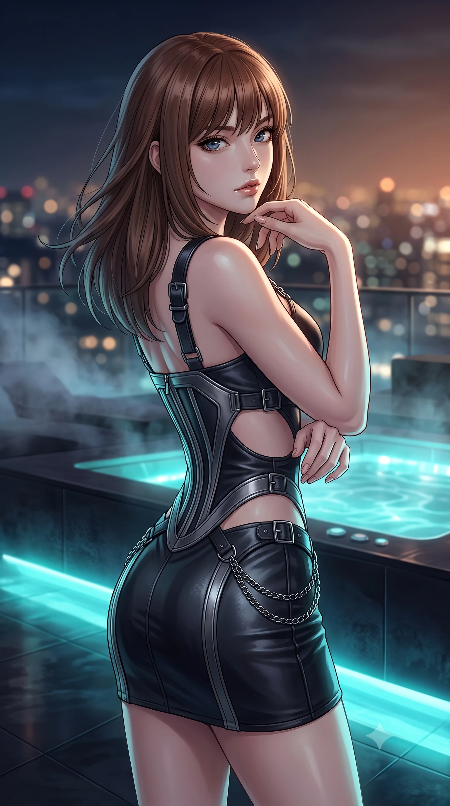 score_9, masterpiece, best quality, ultra-detailed, high-budget anime keyframe, editorial fashion photography, tasteful artistic composition, Korean woman. close-up cowboy shot from the waist and thighs up, the character dominates the composition, filling the frame with her large presence, background elements kept in soft focus. Resting her chin on the backs of her fingers with an air of effortless superiority, looking back over her shoulder as city skyscraper lights form soft bokeh, cool night mist drifting gently across the dark rooftop terrace. She has an exceptionally elegant, slender, and willowy female figure with an ultra-slim waist, a gracefully sculpted slender torso, and a refined silhouette. sharp v-shaped jawline, high-bridge nose, intricate jewel-like eyes with depth, thick eyelashes, glossy lips with a natural sheen. wearing architectural cut-out dark leather mini dress with sculpted metallic boning in dark charcoal gray, made of polished black leather, framed by dark titanium buckles and silver chain details, following her slender form with tailored precision. illuminated by glowing aqua LED jacuzzi lights and distant city skyglow. highly saturated vibrant anime colors, detailed shading with soft gradients, rich glossy textures, high-contrast stereoscopic depth, volumetric dynamic lighting, master piece, 9:16 ratio