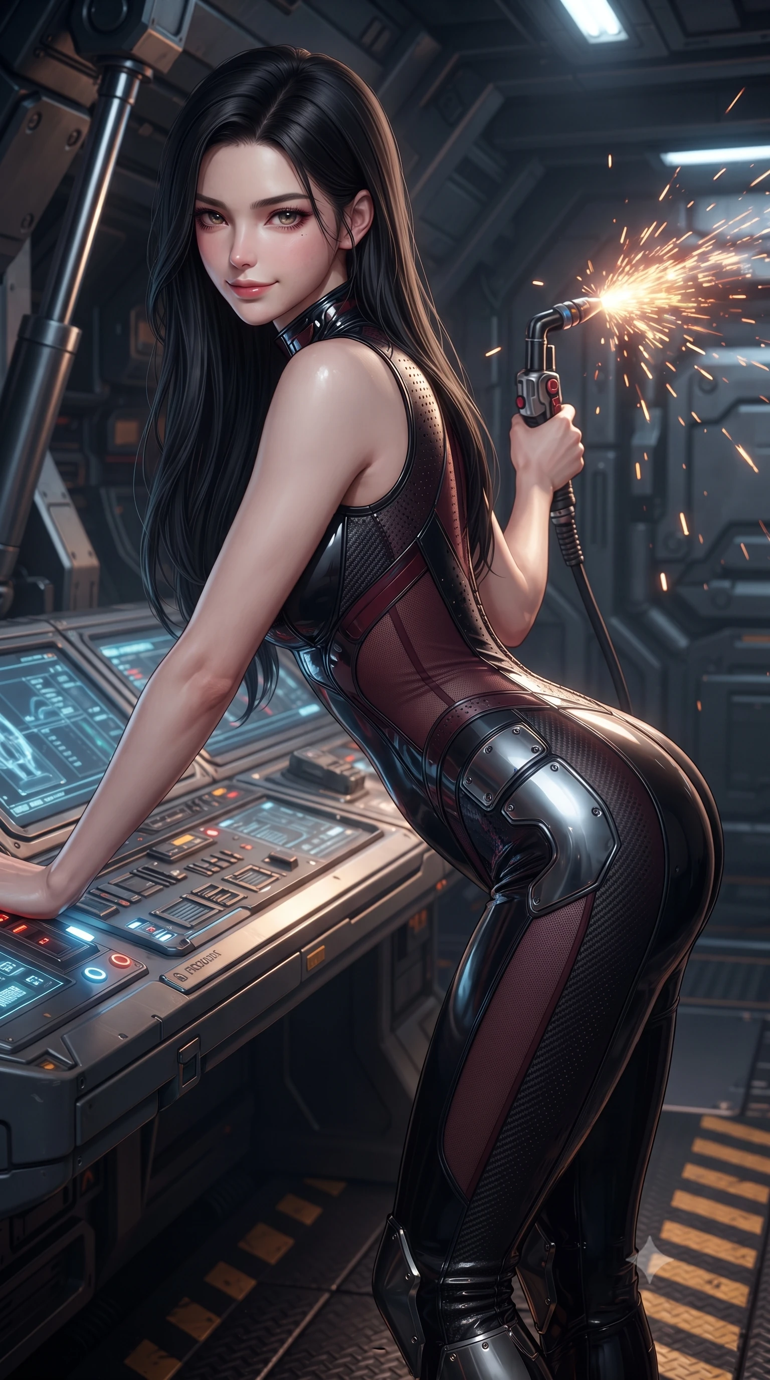 score_9, masterpiece, best quality, ultra-detailed, high-budget anime keyframe, editorial fashion photography, tasteful artistic composition, Korean woman. close-up cowboy shot from the waist and thighs up, the character dominates the composition, filling the frame with her large presence. leaning forward over the illuminated command console while arching her lower back to accentuate her curvy hips, looking into the camera with a confident smoldering smile and intense bedroom-eyes while twisting her slender torso in an alluring contrapposto stance, holding an illuminated plasma torch as sparks shower in the background. The surrounding environment is rendered in vivid detail and crisp panoramic clarity: sharp hydraulic cylinder chrome rods, armored plating weld seams, and hazard stripe floor textures in deep focus. She has an exceptionally elegant, slender, and willowy female figure with an ultra-slim waist, flat toned midriff, narrow ribcage, and sculpted feminine hips creating an alluring, slim hourglass silhouette without bulk. sharp v-shaped jawline, high-bridge nose, intricate jewel-like sparkling eyes with depth, thick eyelashes, glossy parted lips with a natural sheen, bright confident smile with an enchanting and coquettish sensual glint, exuding both youthful magnetic charm and sovereign high-tech allure, flawlessly proportioned anatomical accuracy, strict slender model proportions, natural body alignment, perfectly sculpted long slender limbs, ultra-slim waistline, clean dynamic posture without body distortion. wearing a sleeveless high-collar cyber pilot suit in liquid-look obsidian jersey with strategic sheer ventilation panels in deep wine crimson and dark carbon weave, made of high-grade ballistic nylon with precision laser-cut perforations, accented with strategically placed chrome armor plate guards covering key curves, the form-fitting tactical tailoring adhering flawlessly to her sculpted flat midriff and slender torso, emphasizing her long leg lines and perfectly proportioned willowy build. illuminated by floor warning lights and sharp platinum rim lights carving her razor-sharp jawline, narrow waist, and curvy hips. ultra-reflective glossy finish, specular highlights, rich textural contrasts, high-contrast stereoscopic depth, volumetric dynamic lighting, 2k, ultra detail, master piece, 9:16 ratio