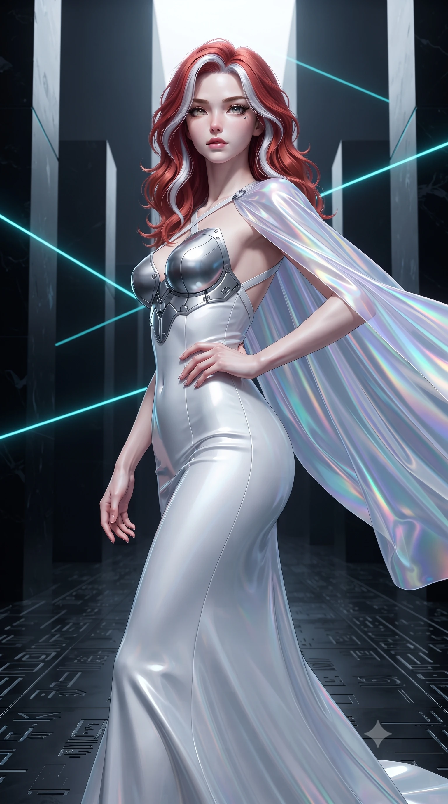 score_9, masterpiece, best quality, ultra-detailed, high-budget anime keyframe, editorial fashion photography, tasteful artistic composition, Caucasian woman. close-up cowboy shot from the waist and thighs up, the character dominates the composition, filling the frame with her large presence. twisting her upper body in a dynamic S-curve with commanding allure, one hand resting on her slender waist with haughty grace while striding commanding through a minimalist hall of towering black obsidian monoliths intersected by razor-sharp cyan laser beams. The surrounding environment is rendered in vivid detail and crisp panoramic clarity. intricate cybernetic floor glyph engravings, clean architectural shadow borders, and laser nodes in high resolution. She has an exceptionally elegant, slender, and willowy female figure with an ultra-slim waist, a gracefully sculpted slender torso, toned flat midriff, and a refined slim silhouette. sharp v-shaped jawline, high-bridge nose, intricate jewel-like eyes with depth, thick eyelashes, glossy lips with a natural sheen, flawlessly proportioned anatomical accuracy, strict slender model proportions, natural body alignment, perfectly sculpted long slender limbs, ultra-slim waistline, clean dynamic posture without body distortion. wearing a form-contouring white liquid-mercury gown with polished silver biomechanical breastplate and flowing luminescent chiffon cape in iridescent holographic chrome with prism violet highlights, crafted from delicate iridescent organza interwoven with luminescent micro-fibers, complemented by criss-cross back straps highlighting her completely bare spine, the glove-like aerodynamic second-skin fit tightly clinging to her ultra-slender waist and athletic curves without adding bulk, accentuating her razor-sharp statuesque lines and slim hourglass silhouette. surrounded by an ultra-chic, commanding, and fiercely magnetic cyber-sovereign atmosphere. ultra-reflective glossy finish, specular highlights, dark metallic sheen, high-contrast stereoscopic depth, volumetric dynamic lighting, 2k, ultra detail, master piece, 9:16 ratio