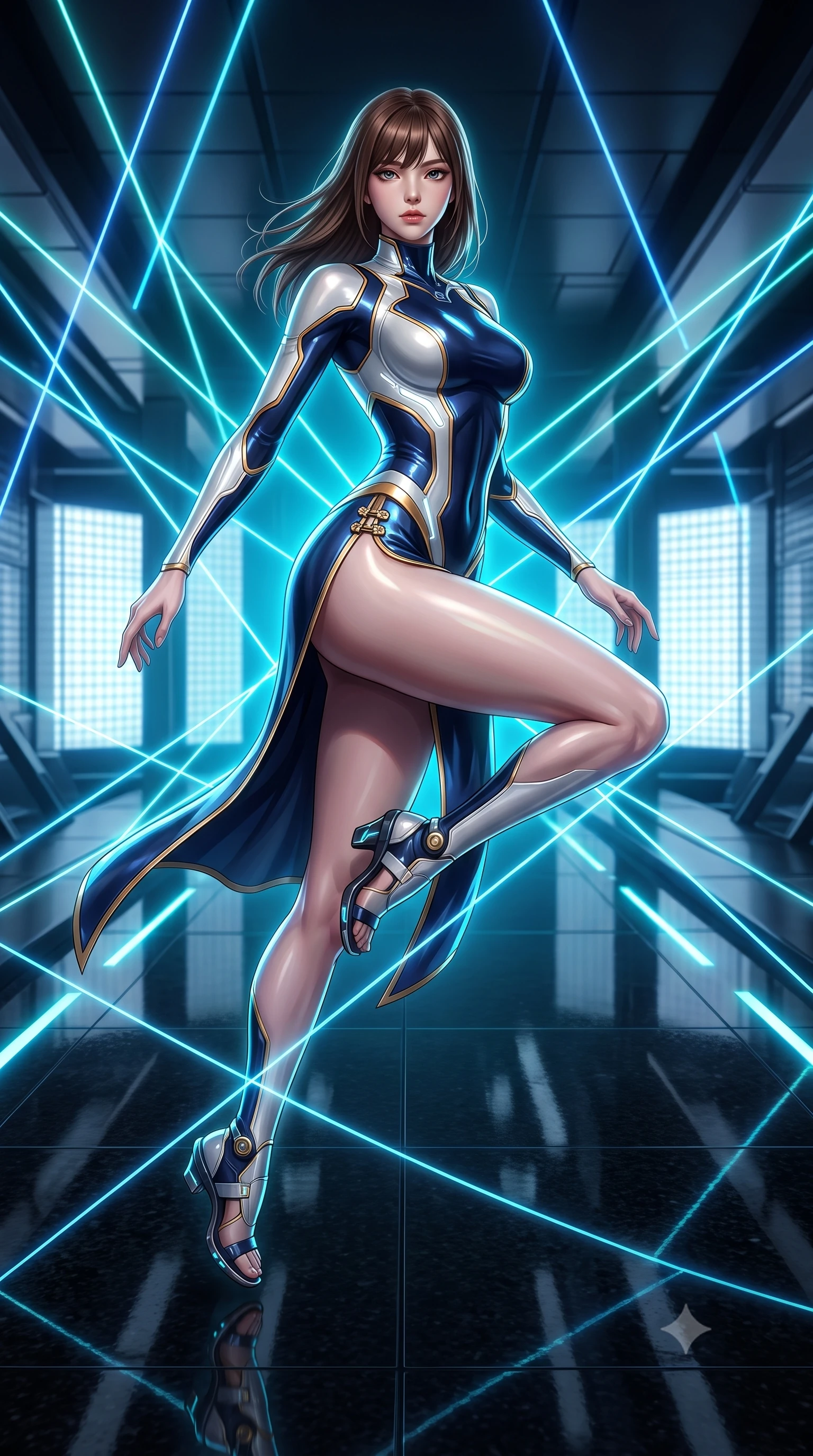 score_9, masterpiece, best quality, ultra-detailed, high-budget anime keyframe, semi-realistic 3D game render, editorial fashion photography, tasteful artistic composition, Korean woman. low angle full-body shot from head to toe showing her feet, filling the entire 9:16 vertical frame with her statuesque presence, stretching her vertical silhouette. performing an alluring mid-air vault with flawless poise, looking directly into the camera with regal, divine intensity while pivoting dynamically on a reflective black granite floor as criss-crossing neon laser lines trace her statuesque contour. The surrounding environment is rendered in vivid detail and crisp panoramic clarity. high-contrast minimalist chiaroscuro and cutting-edge cybernetic precision rendered with sharpness. She has an absolutely perfect, statuesque 8.5-heads proportion, an exceptionally tall and slender model-like female figure with impossibly long slender legs, a toned flat midriff, and an ultra-slim waist. sharp v-shaped jawline, high-bridge nose, intricate jewel-like eyes with depth, thick eyelashes, glossy lips with a natural sheen, flawlessly proportioned anatomical accuracy, strict slender model proportions, natural body alignment, perfectly sculpted long slender limbs, ultra-slim waistline, clean dynamic posture without body distortion. wearing a statuesque midnight cobalt and polished platinum bodysuit featuring sleek aerodynamic contour lines and glowing circuit accents in pristine liquid pearl white and radiant solar gold trim, formed from high-gloss patent material with specular chiaroscuro reflections, finished with an ultra-high side slit secured by miniature magnetic clasps, the sleek second-skin cut tightly hugging her graceful clavicle, narrow waist, and feminine curves with athletic precision. bathed in intense high-contrast cyan laser rim lighting and deep obsidian shadow fill. rich saturated anime colors with glowing neon highlights, detailed shading with soft gradients, rich glossy textures, high-contrast stereoscopic depth, volumetric dynamic lighting, master piece, 9:16 ratio