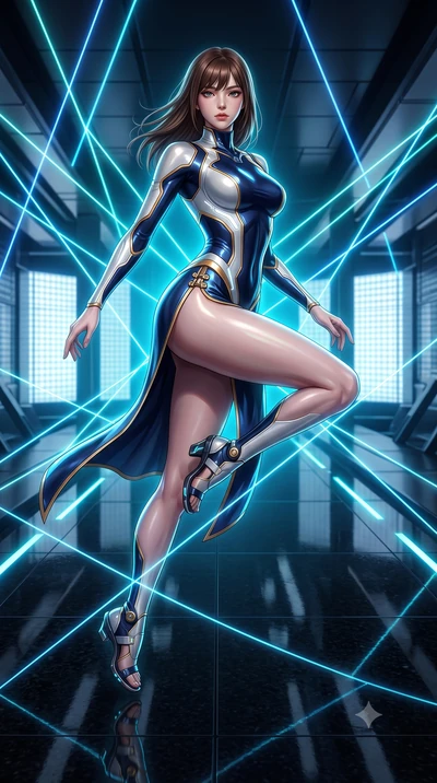 score_9, masterpiece, best quality, ultra-detailed, high-budget anime keyframe, semi-realistic 3D game render, editorial fashion photography, tasteful artistic composition, Korean woman. low angle full-body shot from head to toe showing her feet, fil