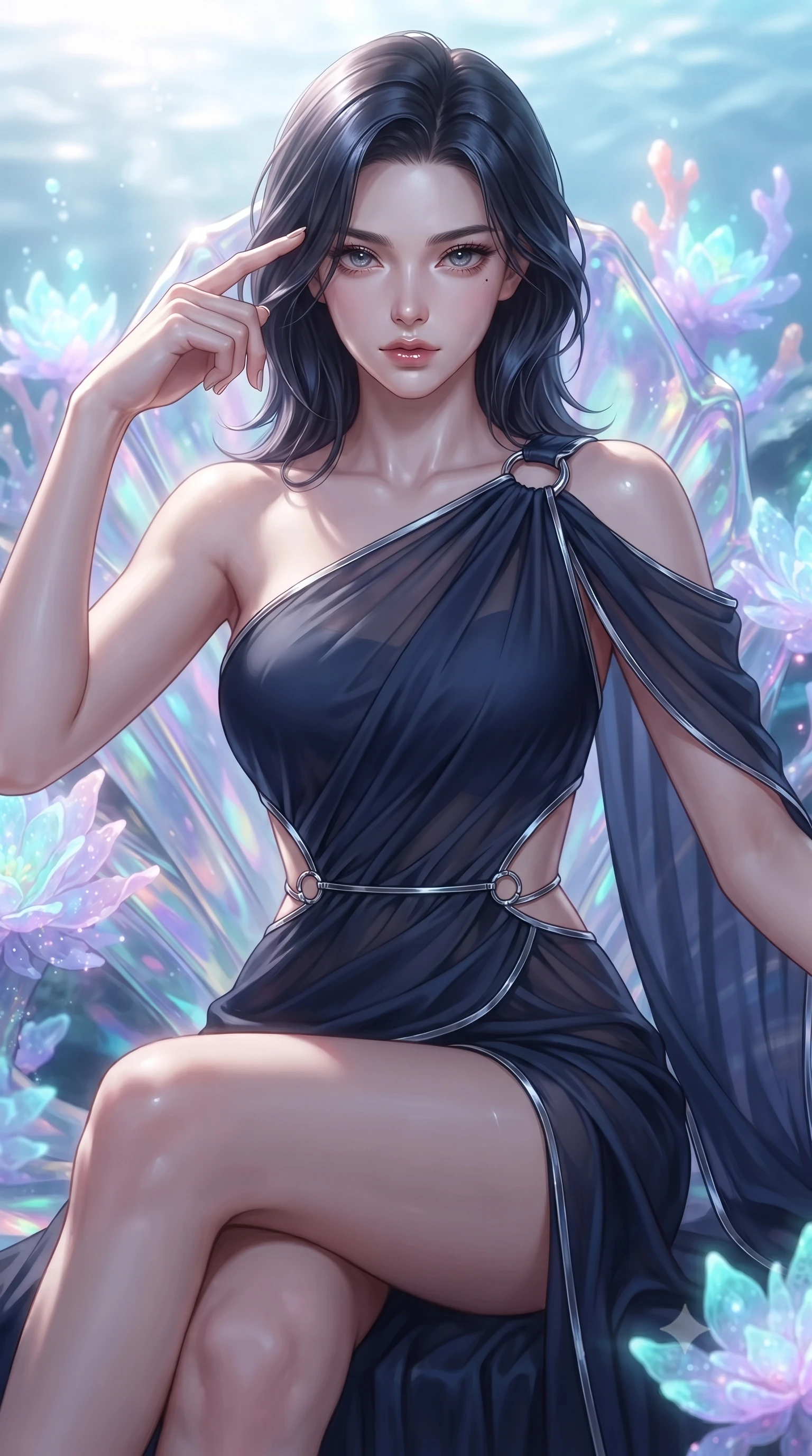 score_9, masterpiece, best quality, ultra-detailed, high-budget anime keyframe, editorial fashion photography, tasteful artistic composition, Korean woman. close-up cowboy shot from the waist and thighs up, the character dominates the composition, filling the frame with her large presence, background elements kept in soft focus. Pressing two fingers to her temple in a composed thoughtful gesture with an air of magnetic charisma poised on an abyssal prism shell throne bathed in sunlit ocean rays, glowing coral blossoms emitting soft aqua and lavender light. She has an exceptionally elegant, slender, and willowy female figure with an ultra-slim waist, a gracefully sculpted slender torso, and a refined silhouette. sharp v-shaped jawline, high-bridge nose, intricate jewel-like eyes with depth, thick eyelashes, glossy lips with a natural sheen. wearing an asymmetrical Grecian draped chiffon gown with a metallic shoulder ring in midnight navy blue and chrome trim, woven from fine semi-opaque sheer organza, accented with delicate chrome ring hardware framing her waist, the sleek second-skin texture accentuating her magnetic presence. lit by clear sun-drenched sea light with soft ethereal shadows. ultra-reflective glossy finish, specular highlights, metallic sheen, high-contrast stereoscopic depth, volumetric dynamic lighting, 2k, ultra detail, master piece, 9:16 ratio