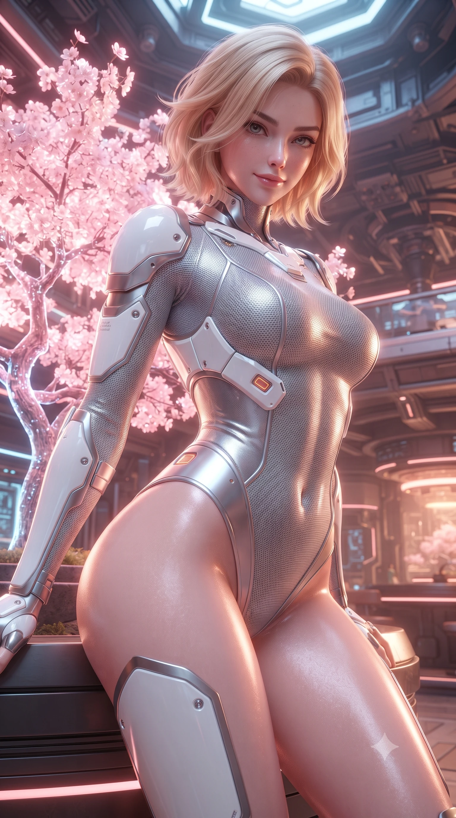 score_9, masterpiece, best quality, ultra-detailed, high-budget anime keyframe, editorial fashion photography, tasteful artistic composition, Caucasian woman. close-up cowboy shot from the waist and thighs up, the character dominates the composition, filling the frame with her large presence. leaning back against the glowing maintenance bulkhead with relaxed seductive grace, her flat midriff and narrow waist highlighted as laser ambient light traces her curves while standing poised beside a glowing holographic cherry blossom tree with hips cocked back, looking into the camera with bedroom-eyes. The surrounding environment is rendered in vivid detail and crisp panoramic clarity: detailed cyber suit weave, soft pink neon highlights on skin, and futuristic tea house architecture in high resolution. She has an exceptionally elegant, slender, and willowy female figure with an ultra-slim waist, flat toned midriff, narrow ribcage, and sculpted feminine hips creating an alluring, slim hourglass silhouette without bulk. sharp v-shaped jawline, high-bridge nose, intricate jewel-like sparkling eyes with depth, thick eyelashes, glossy parted lips with a natural sheen, bright confident smile with an enchanting and coquettish sensual glint, exuding both youthful magnetic charm and sovereign high-tech allure, flawlessly proportioned anatomical accuracy, strict slender model proportions, natural body alignment, perfectly sculpted long slender limbs, ultra-slim waistline, clean dynamic posture without body distortion. wearing a form-contouring delicate silver nano-mesh bodysuit with strategically placed chrome armor plate guards covering key curves in pure alabaster white and brushed silver accents, formed from supple thermal silicone composite adhering seamlessly like a second skin, accented with subtle hexagonal heat-sink vents glowing with dim orange thermal heat, the precision-cut side openings and low-back scoop framing her graceful spine and the sensual sweep of her slim, toned hips. bathed in soft, romantic cherry-pink and warm amber holographic glow. ultra-reflective glossy finish, specular highlights, rich textural contrasts, high-contrast stereoscopic depth, volumetric dynamic lighting, 2k, ultra detail, master piece, 9:16 ratio