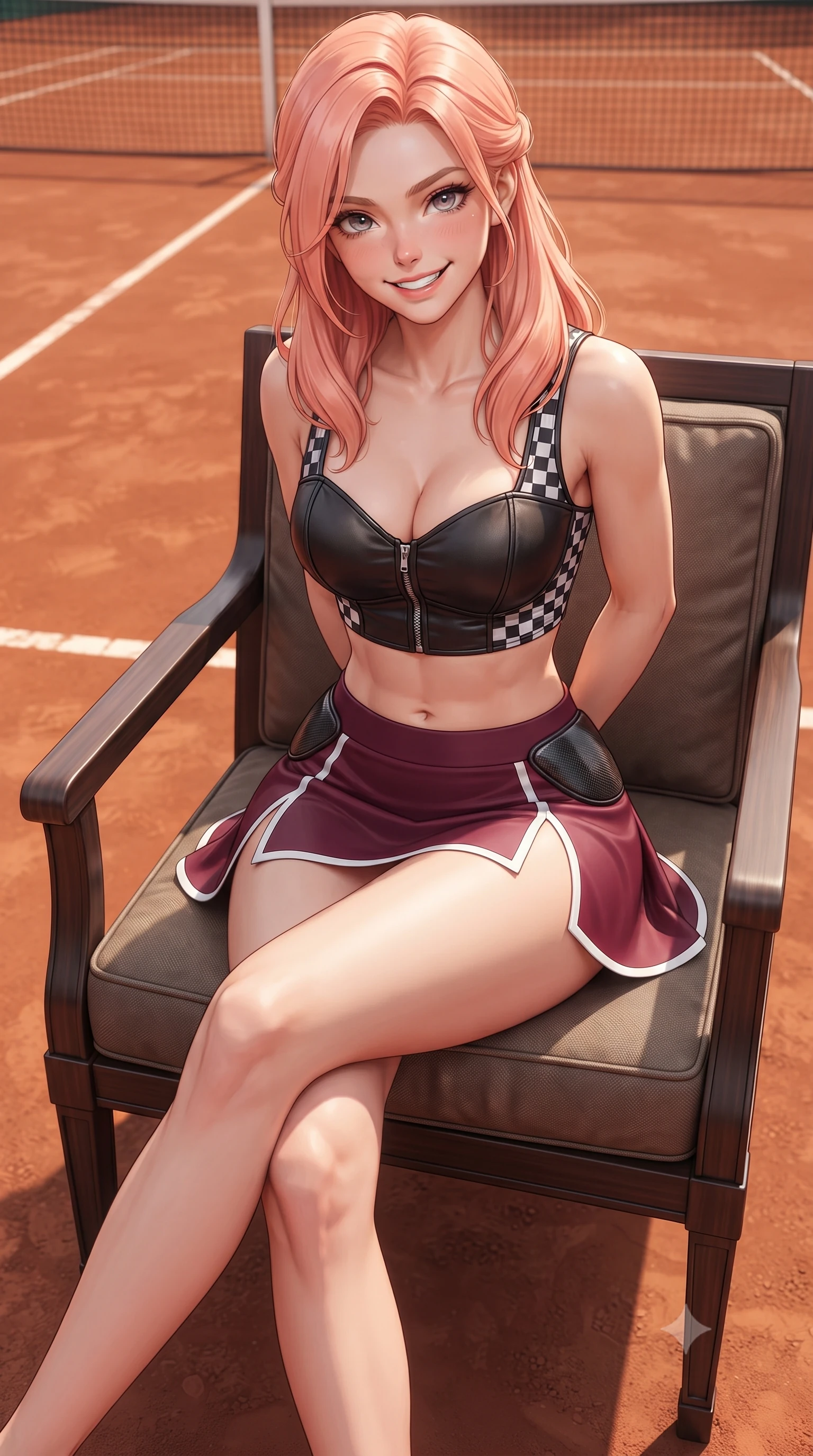 score_9, masterpiece, best quality, ultra-detailed, high-budget anime keyframe, editorial fashion photography, tasteful artistic composition, Japanese woman. close-up cowboy shot from the waist and thighs up, the character dominates the composition, filling the frame with her large presence. resting both hands lightly behind her back while leaning toward the lens with a cheerful, teasing grin, her form-fitting athletic suit hugging her narrow waist and hip curve while lounging in an outdoor club armchair with legs crossed, displaying her long slender limbs and toned flat midriff with aristocratic charm. The surrounding environment is rendered in vivid detail and crisp panoramic clarity: sharp crushed brick clay grain, white painted baseline tape, and racket string tension clarity in deep focus. She has an exceptionally elegant, slender, and willowy female figure with an ultra-slim waist, flat toned midriff, narrow ribcage, and sculpted feminine hips creating an alluring, slim hourglass silhouette without bulk. sharp v-shaped jawline, high-bridge nose, sparkling eyes with athletic focus and depth, thick curled eyelashes, glossy parted lips with a natural coral-peach sheen, bright confident and coquettish smile with alluring bedroom-eyes, exuding both youthful sporty vigor and sovereign high-society glamour, flawlessly proportioned anatomical accuracy, strict slender model proportions, natural body alignment, perfectly sculpted long slender limbs, ultra-slim waistline, clean dynamic posture without body distortion. wearing a chic leather bustier top with checkered flag trim paired with an ultra-short A-line tennis skirt in rich burgundy wine and crisp court white, tailored from lightweight aerodynamic carbon-fiber composite with structured weave, accented with sleek aerodynamic carbon-fiber hip pads framing her narrow waist, the glove-like aerodynamic silhouette tightly following the natural contour of her hips and long slender legs with youthful 8.5-heads elegance. illuminated by terracotta ground bounce fill and sharp warm-gold rim lighting defining her razor-sharp jawline, narrow waist, and curvy hips. ultra-reflective glossy finish, specular highlights, rich textural contrasts, high-contrast stereoscopic depth, volumetric dynamic lighting, 2k, ultra detail, master piece, 9:16 ratio