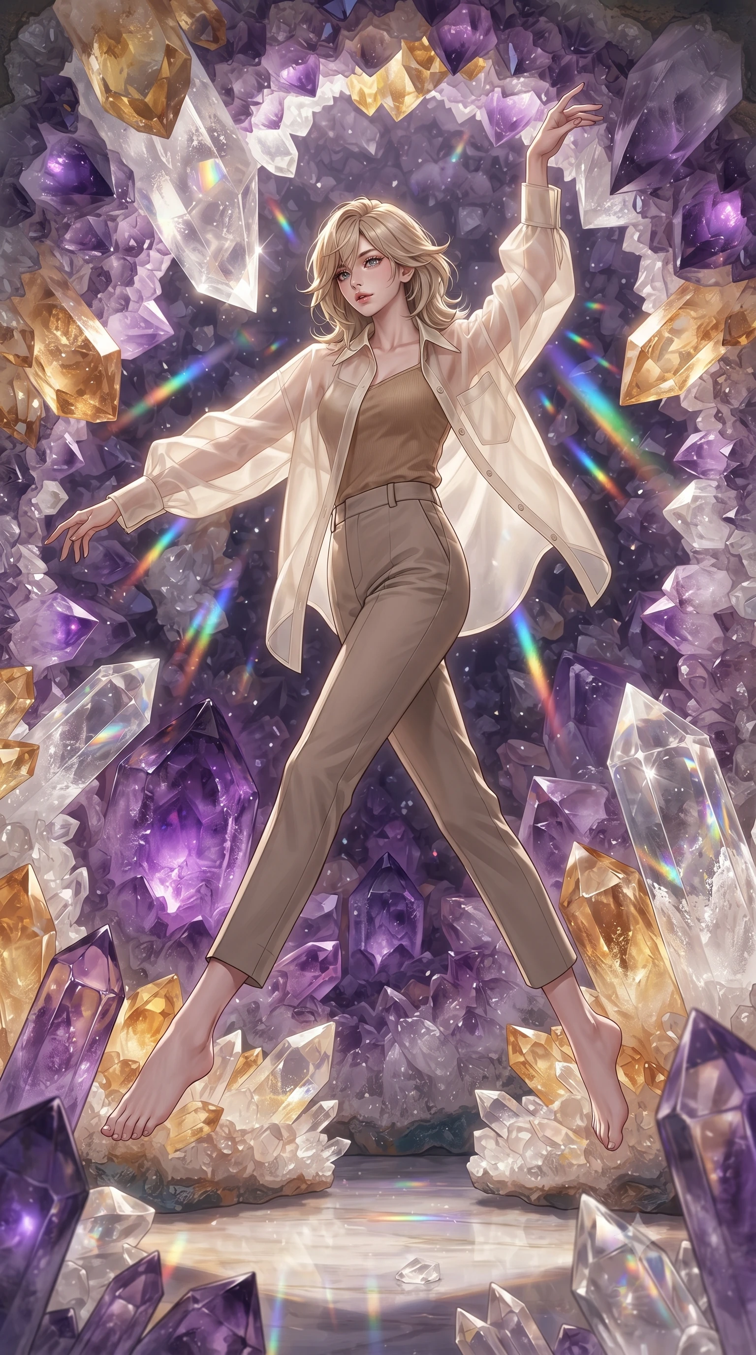 score_9, masterpiece, best quality, ultra-detailed, high-budget anime keyframe, editorial fashion photography, tasteful artistic composition, Japanese woman. low angle full-body shot from head to toe showing her feet, filling the entire 9:16 vertical frame with her statuesque presence, stretching her vertical silhouette. leaping gracefully through standing inside a house-sized geode with enormous amethyst citrine and clear quartz crystals jutting from every surface floor walls and ceiling creating a crystalline cave of purple gold and transparent faceted surfaces. She has a statuesque 8.5-heads proportion, an exceptionally tall, slender and willowy model-like build with impossibly long legs and a highly sculpted ultra-slim waist. sharp v-shaped jawline, high-bridge nose, intricate jewel-like eyes with depth, thick eyelashes, glossy lips with a natural sheen. wearing a semi-transparent cream organza oversized shirt layered naturally over a tan-colored camisole top, paired with tailored trousers. the amethyst crystals glow with deep purple inner light while citrine radiates warm gold and clear quartz focuses and refracts external light into concentrated rainbow beams throughout the geode. 2k, ultra detail, master piece, 9:16 ratio