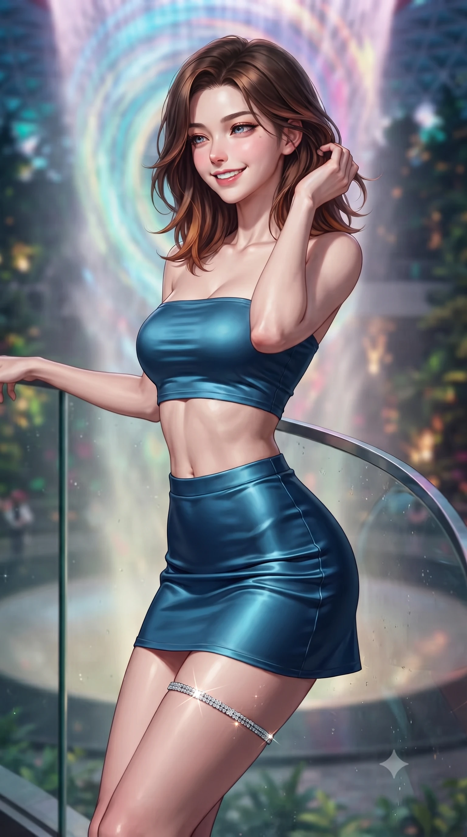 score_9, masterpiece, best quality, ultra-detailed, high-budget anime keyframe, editorial fashion photography, tasteful artistic composition, Korean woman. close-up cowboy shot from the waist and thighs up, the character dominates the composition, filling the frame with her large presence. gently brushing a lock of hair behind her ear while casting a playful, flirtatious side-gaze with long eyelashes while leaning against the curved glass balustrade with hips cocked back, looking through swirling illuminated waterfall mist with heavy-lidded bedroom-eyes. The background shows a soft-focus swirling thermal waterfall mist softened in futuristic garden dome shallow focus. She has an exceptionally elegant, slender, and willowy female figure with an ultra-slim waist, flat toned midriff, narrow ribcage, and sculpted feminine hips creating an alluring, slim hourglass silhouette without bulk. sharp v-shaped jawline, high-bridge nose, intricate jewel-like sparkling eyes with depth, thick eyelashes, glossy parted lips with a natural peach sheen, bright cheerful beaming smile with an enchanting and coquettish sensual glint, exuding both youthful cute charm and seductive allure, flawlessly proportioned anatomical accuracy, strict slender model proportions, natural body alignment, perfectly sculpted long slender limbs, ultra-slim waistline, clean dynamic posture without body distortion. wearing an ultra-cropped fitted bandeau top paired with a micro mini tennis skirt revealing her flat midriff in Singapore Marina Bay electric cyan and midnight sapphire, crafted from fluid liquid silk satin that clings smoothly to her narrow waist and rounded hips with a dewy sheen, finished with delicate crystal-encrusted thigh garter straps glinting in the dim light, the liquid-tight tailored fabric clinging flawlessly to her narrow waist and rounded feminine hips, emphasizing every millimeter of her sculpted slim hourglass curves without any bulky heaviness. bathed in the dynamic multi-colored projection mapping of the waterfall vortex combined with soft warm botanical uplights. ultra-reflective glossy finish, specular highlights, rich textural contrasts, high-contrast stereoscopic depth, volumetric dynamic lighting, 2k, ultra detail, master piece, 9:16 ratio