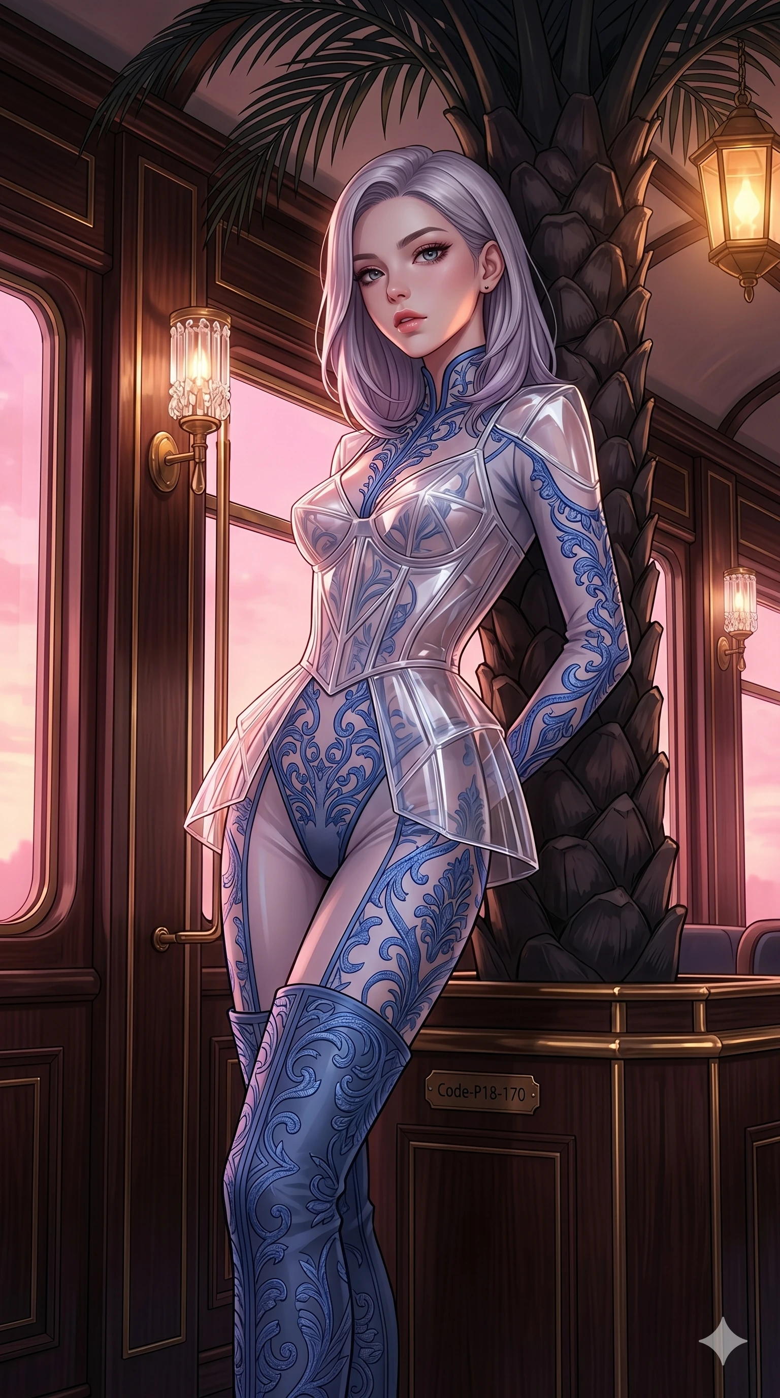 score_9, masterpiece, best quality, ultra-detailed, high-budget anime keyframe, editorial fashion photography, tasteful artistic composition, Caucasian woman, strictly human ears. cowboy shot from the thighs up, character and outfit filling the frame for maximum editorial presence. leaning back against a massive palm trunk, her lips parted inside a luxury train car cabin with dark wood paneling and large windows (Code-P18-170). She has an absolutely perfect 8-heads proportion, an exceptionally tall and slender female figure with impossibly long slender legs and an ultra-slim waist. V-shaped jawline, high-bridge nose, intricate jewel-like eyes with depth, thick eyelashes, glossy lips with a natural sheen. wearing a translucent polymer structured bodice over a blue patterned embroidery sleek form-fitting suit. soft pink sunset glow mixed with warm lantern light, tracing her jawline and lips. 2k, ultra detail, master piece, 9:16 ratio