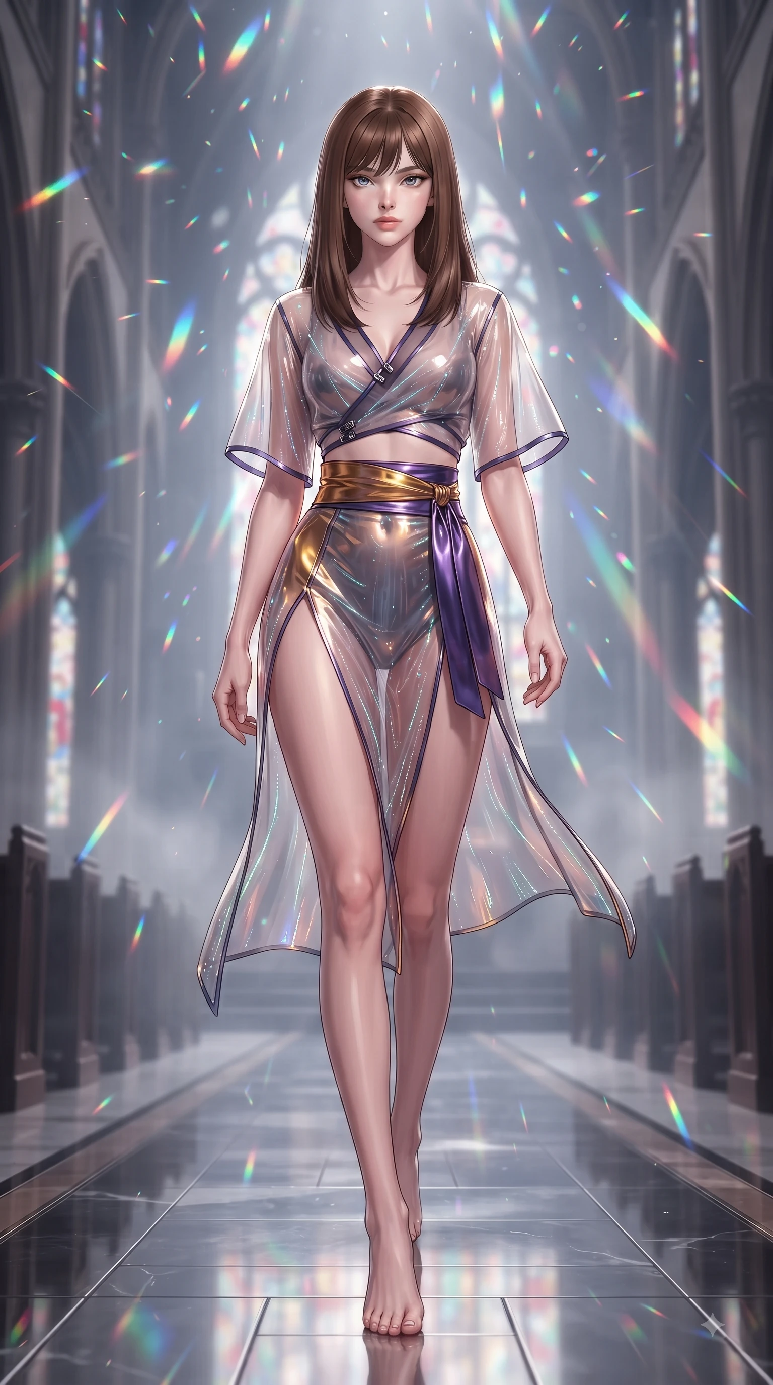 score_9, masterpiece, best quality, ultra-detailed, high-budget anime keyframe, editorial fashion photography, tasteful artistic composition, Korean woman. low angle full-body shot from head to toe showing her feet, filling the entire 9:16 vertical frame with her statuesque presence, stretching her vertical silhouette. striding forward in a proud, statuesque motion with a dangerous smolder, her vertical silhouette dominating the frame from head to toe while landing gracefully on a polished cathedral aisle as prismatically refracted neon shards rain down. The composition keeps background elements in soft focus with creamy bokeh. holographic light beams and atmospheric fog softened by creamy shallow focus. She has an absolutely perfect, statuesque 8.5-heads proportion, an exceptionally tall and slender model-like female figure with impossibly long slender legs and an ultra-slim waist. sharp v-shaped jawline, high-bridge nose, intricate jewel-like eyes with depth, thick eyelashes, glossy lips with a natural sheen, flawlessly proportioned anatomical accuracy, natural body alignment, perfectly sculpted elegant limbs, clean dynamic posture without body distortion. wearing a shortened cyber-fusion wrap top with transparent chiffon panels, a deep crossover neckline, and a high-waisted metallic sash that accentuates her ultra-slim waist in lustrous molten gold and pure deep violet, tailored from semi-translucent cybernetic vinyl with glowing micro-filaments, finished with an ultra-high side slit secured by miniature magnetic clasps, the sleek aerodynamic cut emphasizing her magnetic presence and alluring physical grace. surrounded by an awe-inspiring, ethereal, and breathtakingly dramatic cathedral atmosphere. ultra-reflective glossy finish, specular highlights, metallic sheen, high-contrast stereoscopic depth, volumetric dynamic lighting, 2k, ultra detail, master piece, 9:16 ratio