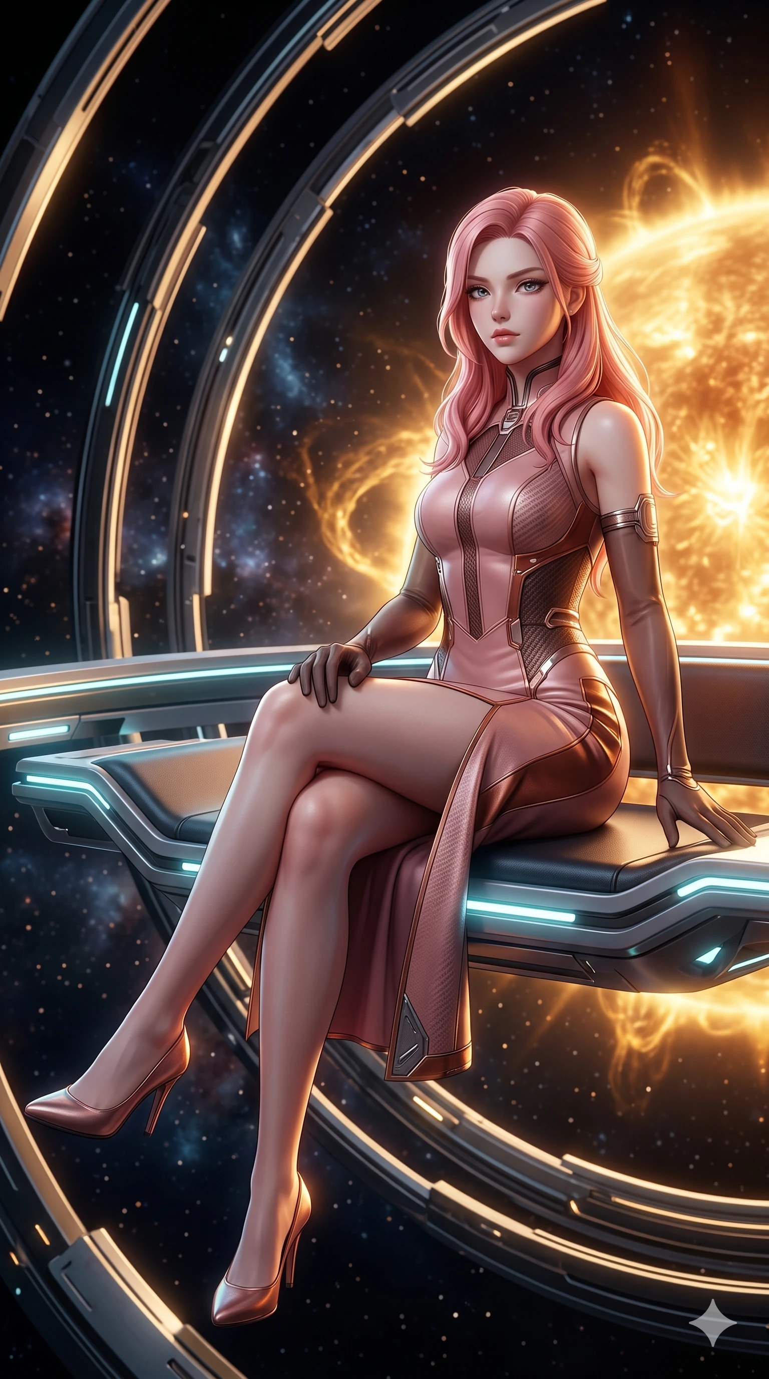 score_9, masterpiece, best quality, ultra-detailed, high-budget anime keyframe, semi-realistic 3D game render, editorial fashion photography, tasteful artistic composition, Japanese woman. close-up cowboy shot from the waist and thighs up, the character dominates the composition, filling the frame with her large presence. turning slowly with an enchanting smoldering smile, her glossy hair tossing in the breeze as her hips angle gracefully in a captivating contrapposto while sitting gracefully on the floating antigravity lounge with legs crossed, flashing a playful, coquettish smile with parted glossy lips. The surrounding environment is rendered in vivid detail and crisp panoramic clarity: sharp concentric ring track segments, solar prominence filaments, and crisp shadow edges in deep focus. She has an exceptionally elegant, slender, and willowy female figure with an ultra-slim waist, flat toned midriff, narrow ribcage, and sculpted feminine hips creating an alluring, slim hourglass silhouette without bulk. sharp v-shaped jawline, high-bridge nose, intricate jewel-like sparkling eyes with depth, thick eyelashes, glossy parted lips with a natural peach sheen, bright cheerful beaming smile with an enchanting and coquettish sensual glint, exuding both youthful cute charm and seductive allure, flawlessly proportioned anatomical accuracy, strict slender model proportions, natural body alignment, perfectly sculpted long slender limbs, ultra-slim waistline, clean dynamic posture without body distortion. wearing a glove-like stretch lambskin leather sheath dress accentuating her ultra-slim waistline without bulk in rose-quartz blush and burnished copper, woven from structured carbon-fiber jacquard with rich textural depth, complemented by sheer opera-length evening gloves tracing her slender arms, the bespoke structured tailoring following the natural line of her 8.5-heads silhouette with refined elegance. bathed in the blinding warm golden 4500K synchrotron radiance of the solar corona contrasted with deep jet-black space void. highly saturated vibrant anime colors, detailed shading with soft gradients, rich glossy textures, high-contrast stereoscopic depth, volumetric dynamic lighting, master piece, 9:16 ratio