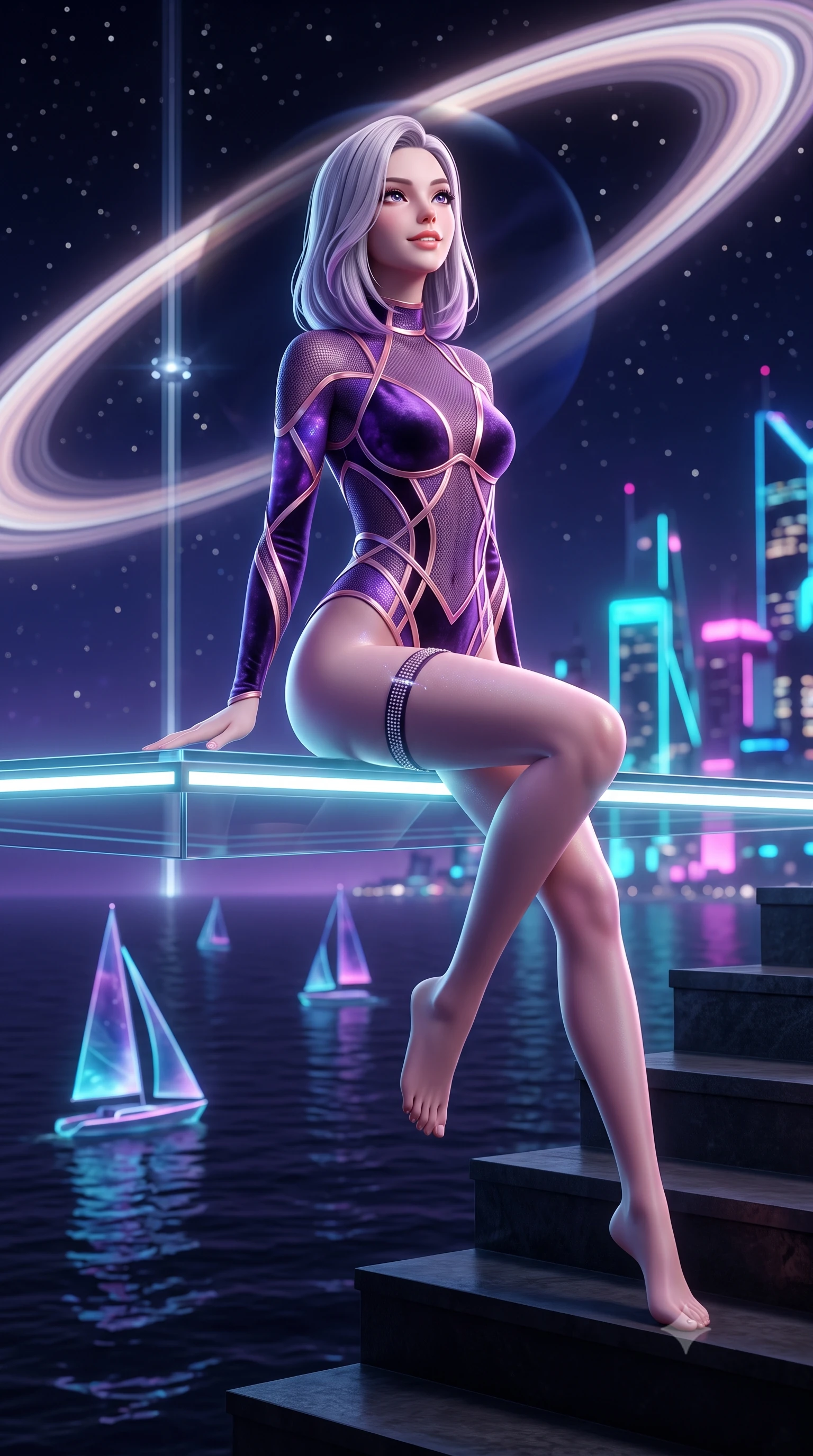 score_9, masterpiece, best quality, ultra-detailed, high-budget anime keyframe, semi-realistic 3D game render, editorial fashion photography, tasteful artistic composition, Caucasian woman. low angle full-body shot from head to toe showing her feet, filling the entire 9:16 vertical frame with her statuesque presence, stretching her vertical silhouette. sitting poised on the stone steps with one knee bent, arching her spine with supermodel elegance as she glances upward through thick eyelashes while standing poised at the edge of the floating zero-gravity glass platform, arching her spine with cyber-goddess poise as the colossal illuminated planetary orbital ring arcs across the midnight sky. The background shows a soft-focus glittering orbital space elevator tether stretching to the stars, holographic sailing vessels gliding on dark sea, and cyberpunk city towers blurred into electric cyan, magenta, and sapphire bokeh. She has an exceptionally tall and slender model-like 8.5-heads proportion, an ultra-slim waist, a flat toned midriff, narrow delicate ribcage, and beautifully sculpted feminine hips creating a graceful, slim hourglass silhouette without any bulky heaviness, with impossibly long slender legs. sharp v-shaped jawline, high-bridge nose, intricate jewel-like sparkling eyes with depth, thick eyelashes, glossy parted lips with a natural peach sheen, bright cheerful beaming smile with an enchanting and coquettish sensual glint, exuding both youthful cute charm and seductive allure, flawlessly proportioned anatomical accuracy, strict slender model proportions, natural body alignment, perfectly sculpted long slender limbs, ultra-slim waistline, clean dynamic posture without body distortion. wearing a provocative cyber-mesh sheer bodysuit with luminescent holographic fiber piping contouring her hourglass frame in orbital nebula violet and luminescent rose gold, tailored from ultra-plush silk velvet with rich tactile depth and deep shadow gradients, finished with delicate crystal-encrusted thigh garter straps glinting in the dim light, the glove-like clinging cut tightly following the natural contour of her hips and long slender legs with youthful 8.5-heads elegance. illuminated by platform edge electroluminescent strips and sharp platinum-cyan rim lights sculpting her jawline, narrow waist, and curvy hips. highly saturated vibrant anime colors, detailed shading with soft gradients, rich glossy textures, high-contrast stereoscopic depth, volumetric dynamic lighting, master piece, 9:16 ratio