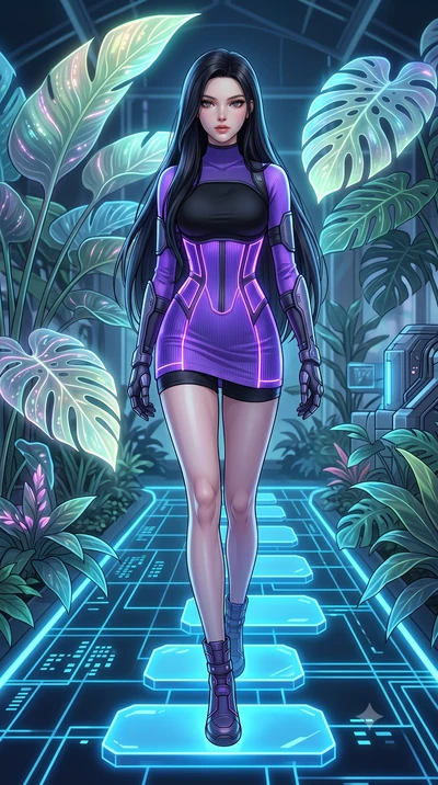 score_9, masterpiece, best quality, ultra-detailed, High-budget Anime Keyframe, East Asian woman. Dynamic full-body shot stretching the vertical silhouette to the limit. Scenario 500: stepping across glowing azure stones in a cybernetic greenhouse fi