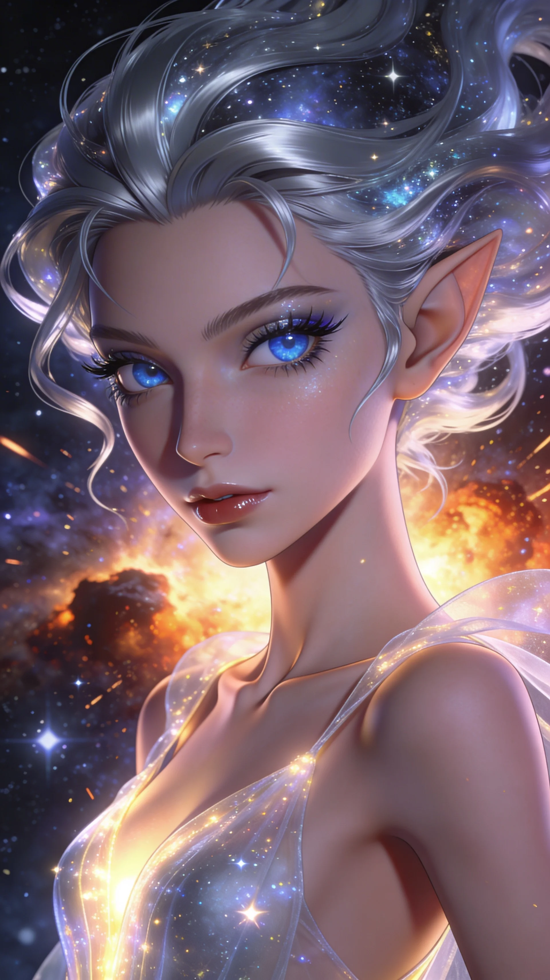 score_9, masterpiece, best quality, ultra-detailed, highend animation keyframe, an incredibly beautiful ethereal Caucasian woman with flawless pale skin (strictly human ears). Close-up portrait filling more than half of the frame. She is a star-child born from a dying star, her touch turning everything into stardust. She has an absolutely perfect petite and compact proportion, a petite female figure with a delicate skinny figure and fragile aesthetic. Her face is a highly detailed masterpiece featuring a v-shaped jawline, high-bridge nose, intricate sapphire-like eyes, thick eyelashes, and glossy lips. She has silver flowing hair like a cosmic cloud. She is wearing a sheer fabric dress that glows with inner light, highlighting her alluring silhouette. Cosmic explosion and starfield background, dramatic rim lighting, radiant glowing skin, cinematic dynamic light, 2k, ultra detail, master piece, 3:4 ratio