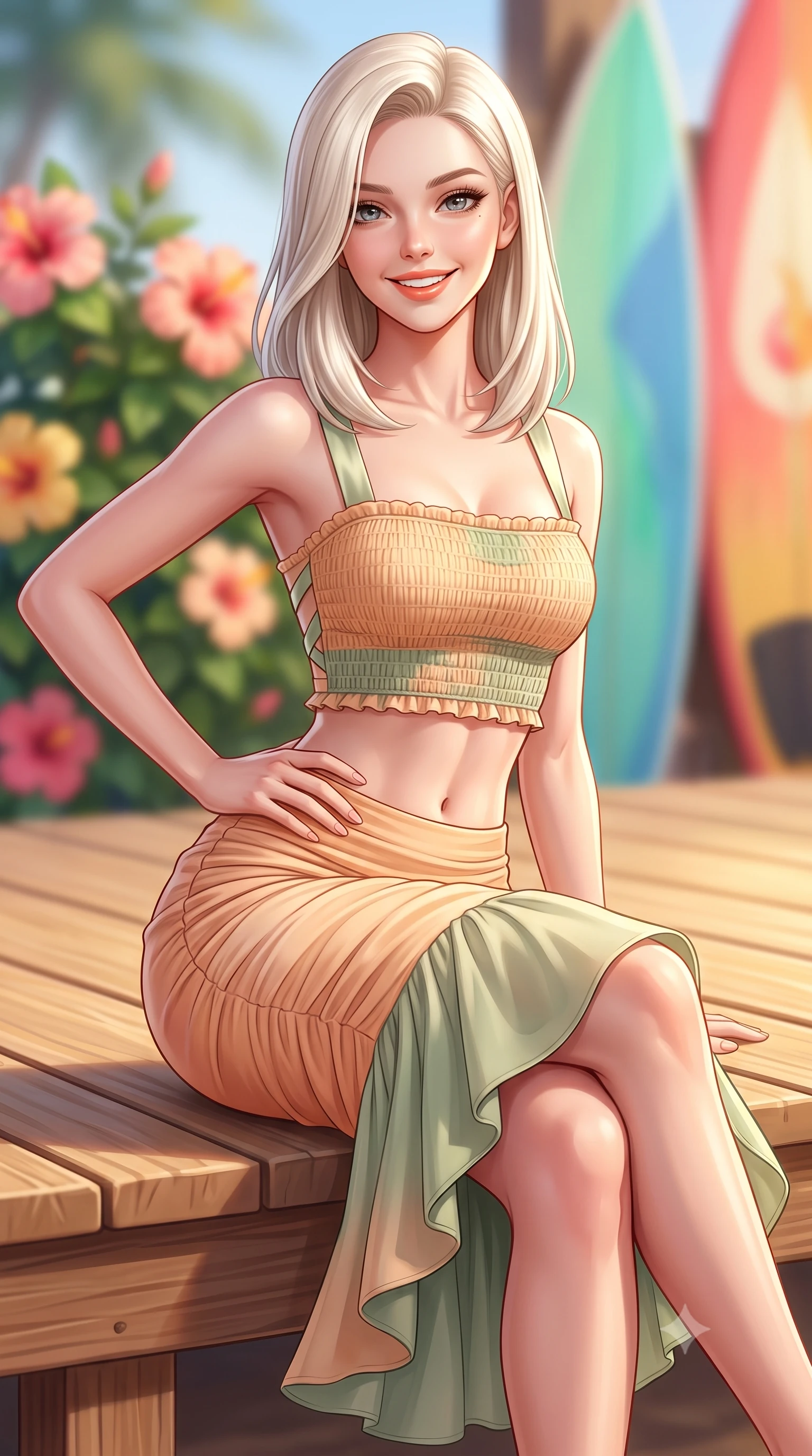 score_9, masterpiece, best quality, ultra-detailed, high-budget anime keyframe, semi-realistic 3D game render, editorial fashion photography, tasteful artistic composition, Caucasian woman. close-up cowboy shot from the waist and thighs up, the character dominates the composition, filling the frame with her large presence. twisting her slender torso in an alluring contrapposto stance, one hand resting on her sculpted hip while flashing a radiant, playful smile with parted glossy lips while sitting perched on the sunlit timber deck with legs crossed, her toned flat midriff and curvy hips glowing in the radiant Hawaiian sun. The composition keeps background elements in soft focus with dreamy creamy bokeh. hibiscus flower bushes and colorful surfboards softened in vibrant Hawaiian shallow focus. She has an exceptionally elegant, slender, and willowy female figure with an ultra-slim waist, flat toned midriff, narrow ribcage, and sculpted feminine hips creating an alluring, slim hourglass silhouette without bulk. sharp v-shaped jawline, high-bridge nose, intricate jewel-like sparkling eyes with depth, thick eyelashes, glossy parted lips with a natural peach sheen, bright cheerful beaming smile with an enchanting and coquettish sensual glint, exuding both youthful cute charm and seductive allure, flawlessly proportioned anatomical accuracy, strict slender model proportions, natural body alignment, perfectly sculpted long slender limbs, ultra-slim waistline, clean dynamic posture without body distortion. wearing a fitted square-neck smocked crop top paired with a curve-hugging ruched mermaid midi skirt in soft apricot and sage green, tailored from fine lightweight chiffon that flutters gently in the breeze, finished with criss-cross back satin straps highlighting her graceful shoulder blades, the liquid-tight tailored fabric clinging flawlessly to her narrow waist and rounded feminine hips, emphasizing every millimeter of her sculpted slim hourglass curves without any bulky heaviness. illuminated by warm sand specular reflections sharply carving her razor-sharp jawline, narrow waist, and curvy hips. highly saturated vibrant anime colors, detailed shading with soft gradients, rich glossy textures, high-contrast stereoscopic depth, volumetric dynamic lighting, master piece, 9:16 ratio