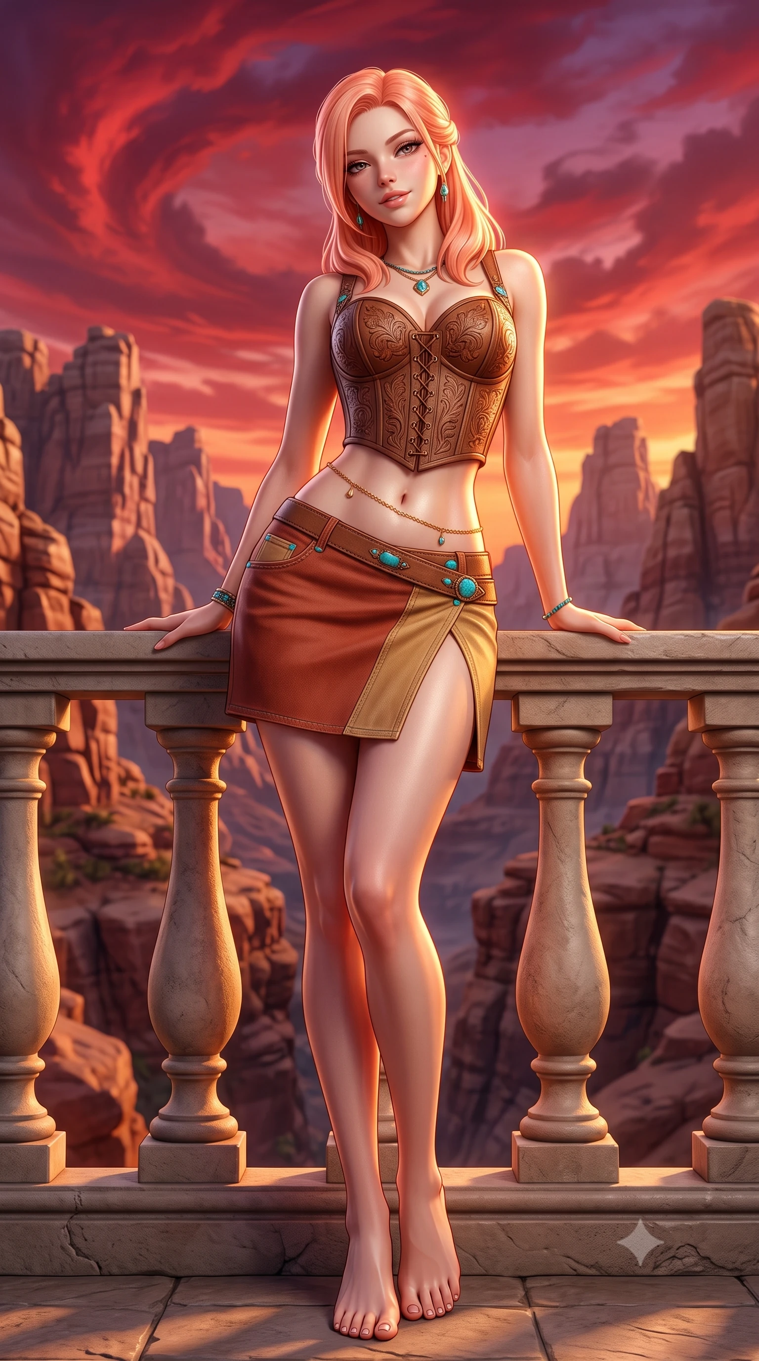 score_9, masterpiece, best quality, ultra-detailed, high-budget anime keyframe, semi-realistic 3D game render, editorial fashion photography, tasteful artistic composition, Japanese woman. low angle full-body shot from head to toe showing her feet, filling the entire 9:16 vertical frame with her statuesque presence, stretching her vertical silhouette. leaning deep against the balcony balustrade with hips cocked back in an unapologetically alluring high-fashion stance, casting an intoxicating glance while twisting her slender torso in an alluring S-curve, crimson vortex sunset light carving sharp highlights across her flat midriff and hips. The surrounding environment is rendered in vivid detail and crisp panoramic clarity: detailed lace-up leather bustier tailoring, turquoise jewelry glints, and geological formations in razor-sharp precision. She has an absolutely perfect, statuesque 8.5-heads proportion, an exceptionally tall and slender model-like female figure with impossibly long slender legs, an ultra-slim waist, a flat toned midriff, narrow delicate ribcage, and beautifully sculpted feminine hips creating a graceful, slim hourglass silhouette without any bulky heaviness. sharp v-shaped jawline, high-bridge nose, sparkling eyes with hypnotic seductive depth, thick curled eyelashes, glossy parted lips with a natural dewy peach sheen, alluring bedroom-eyes with an enchanting coquettish smile, exuding magnetic siren charisma and sophisticated glamour, flawlessly proportioned anatomical accuracy, strict slender model proportions, natural body alignment, perfectly sculpted long slender limbs, ultra-slim waistline, clean dynamic posture without body distortion. wearing a structured boned leatherette corset bodice with western floral tooling paired with a micro-wrap denim skirt in terracotta rust and desert sand gold with turquoise accents, tailored from second-skin technical compression neoprene with athletic curve-sculpting stretch, accented with a dainty gold belly chain resting across her flat midriff and curving hips, the high-slit wrap tailoring accentuating her ultra-slim waistline and the enchanting curve of her feminine hips with alluring seductive charm. illuminated by sandstone reflection fill and sharp warm-amber rim lights sculpting her jawline, narrow waist, and voluptuous hip curves. highly saturated vibrant anime colors, detailed shading with soft gradients, rich glossy textures, high-contrast stereoscopic depth, volumetric dynamic lighting, master piece, 9:16 ratio
