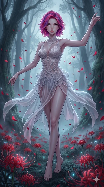 score_9, masterpiece, best quality, ultra-detailed, High-budget Anime Keyframe, East Asian woman. Low angle cowboy shot filling the entire 9:16 frame with her statuesque presence. Scenario 5: Dancing amidst falling red spider lilies in a misty dark f