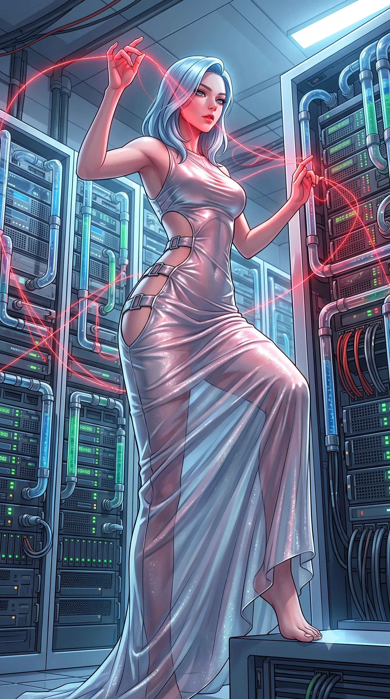 score_9, masterpiece, best quality, ultra-detailed, High-budget Anime Keyframe, East Asian woman. Low angle cowboy shot filling the entire 9:16 frame with her statuesque presence. Scenario 368: tracing a glowing red thread of fate with her fingers in a high-tech laboratory with rows of water-cooled server racks. Her presence is magnetic and overpowering in this high-budget anime scene. Outfit 368: a body-hugging shimmering chiffon liquid with a strategic side cut-outs and metallic buckles. The clothing is designed to emphasize her exceptionally tall and slender 8-heads proportion. 8-heads proportion, towering silhouette, ultra-slim waist. sharp v-shaped jawline, intricate jewel-like eyes with depth, thick eyelashes, glossy lips. 2k, ultra detail, master piece, 9:16 ratio