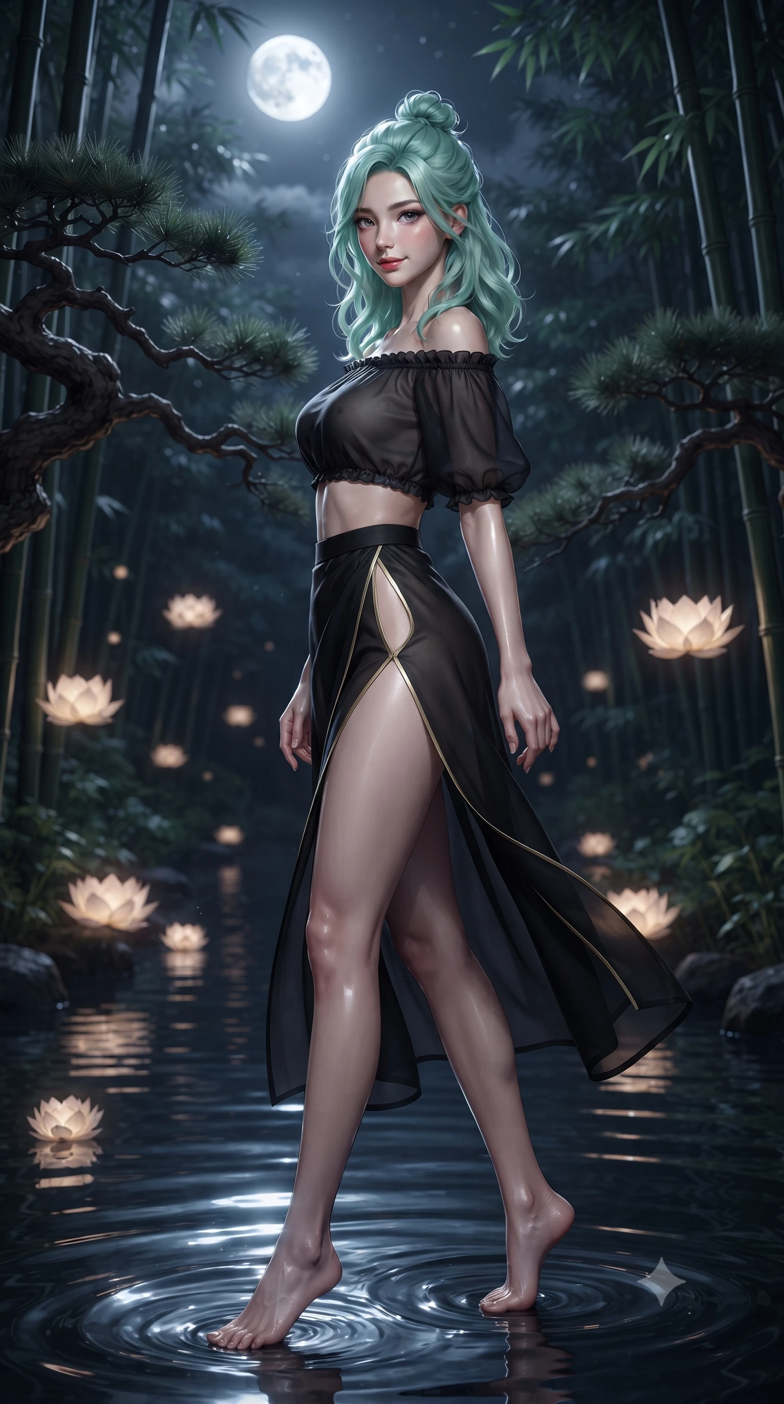 score_9, masterpiece, best quality, ultra-detailed, high-budget anime keyframe, editorial fashion photography, tasteful artistic composition, Japanese woman. low angle full-body shot from head to toe showing her feet, filling the entire 9:16 vertical frame with her statuesque presence, stretching her vertical silhouette. walking slowly through the bamboo pathway, looking back over her shoulder with an air of effortless oriental grace and an alluring, smoldering smile while twisting her slender torso in an alluring S-curve, silver moonbeams rippling across the dark water surface and highlighting her narrow waist and curvy hips. The background shows a soft-focus ancient gnarled pine branches and floating paper lotus lanterns softened in royal Joseon shallow focus. She has an absolutely perfect, statuesque 8.5-heads proportion, an exceptionally tall and slender model-like female figure with impossibly long slender legs, an ultra-slim waist, a flat toned midriff, narrow delicate ribcage, and beautifully sculpted feminine hips creating a graceful, slim hourglass silhouette without any bulky heaviness. sharp v-shaped jawline, high-bridge nose, intricate jewel-like dark sparkling almond eyes with depth, thick lashes, glossy parted lips with a natural rose-plum sheen, bright alluring and coquettish smile with bedroom-eyes, exuding both timeless oriental elegance and sovereign high-fashion allure, flawlessly proportioned anatomical accuracy, strict slender model proportions, natural body alignment, perfectly sculpted long slender limbs, ultra-slim waistline, clean dynamic posture without body distortion. wearing a modern two-piece fusion set with an off-shoulder crop blouse and high-slit wrap skirt tracing her curvaceous hips in stark monochrome black and white ink contrast, tailored from sheer gossamer silk organza with an airy weightless flutter, finished with sharp laser-cut side hip slits framed by gold piping, the high-waisted wrap tailoring accentuating her ultra-slim waistline and the enchanting curve of her feminine hips with alluring oriental charm. bathed in cold silver moonlight cascading down from a brilliant full moon overhead. ultra-reflective glossy finish, specular highlights, rich textural contrasts, high-contrast stereoscopic depth, volumetric dynamic lighting, 2k, ultra detail, master piece, 9:16 ratio