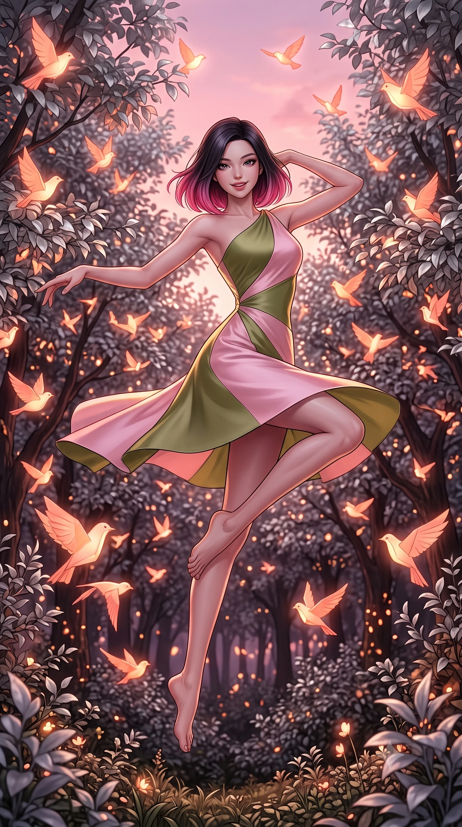 score_9, masterpiece, best quality, ultra-detailed, high-budget anime keyframe, editorial fashion photography, tasteful artistic composition, Korean woman. low angle full-body shot from head to toe showing her feet, filling the entire 9:16 vertical frame with her statuesque presence, stretching her vertical silhouette. pirouetting mid-air with a playful grin inside in a forest clearing filled with silver-leaf trees where thousands of glowing paper birds nest and take flight into a pink evening sky. She has a statuesque 8.5-heads proportion, an exceptionally tall, slender and willowy model-like build with impossibly long legs and a highly sculpted ultra-slim waist. sharp v-shaped jawline, high-bridge nose, intricate jewel-like eyes with depth, thick eyelashes, glossy lips with a natural sheen. wearing a sleek asymmetric one-shoulder dress in pastel pink and olive green silk, following her slender frame with sharp lines. warm orange and pink glow from the paper birds illuminating the silver leaves and casting a warm cozy light. 2k, ultra detail, master piece, 9:16 ratio