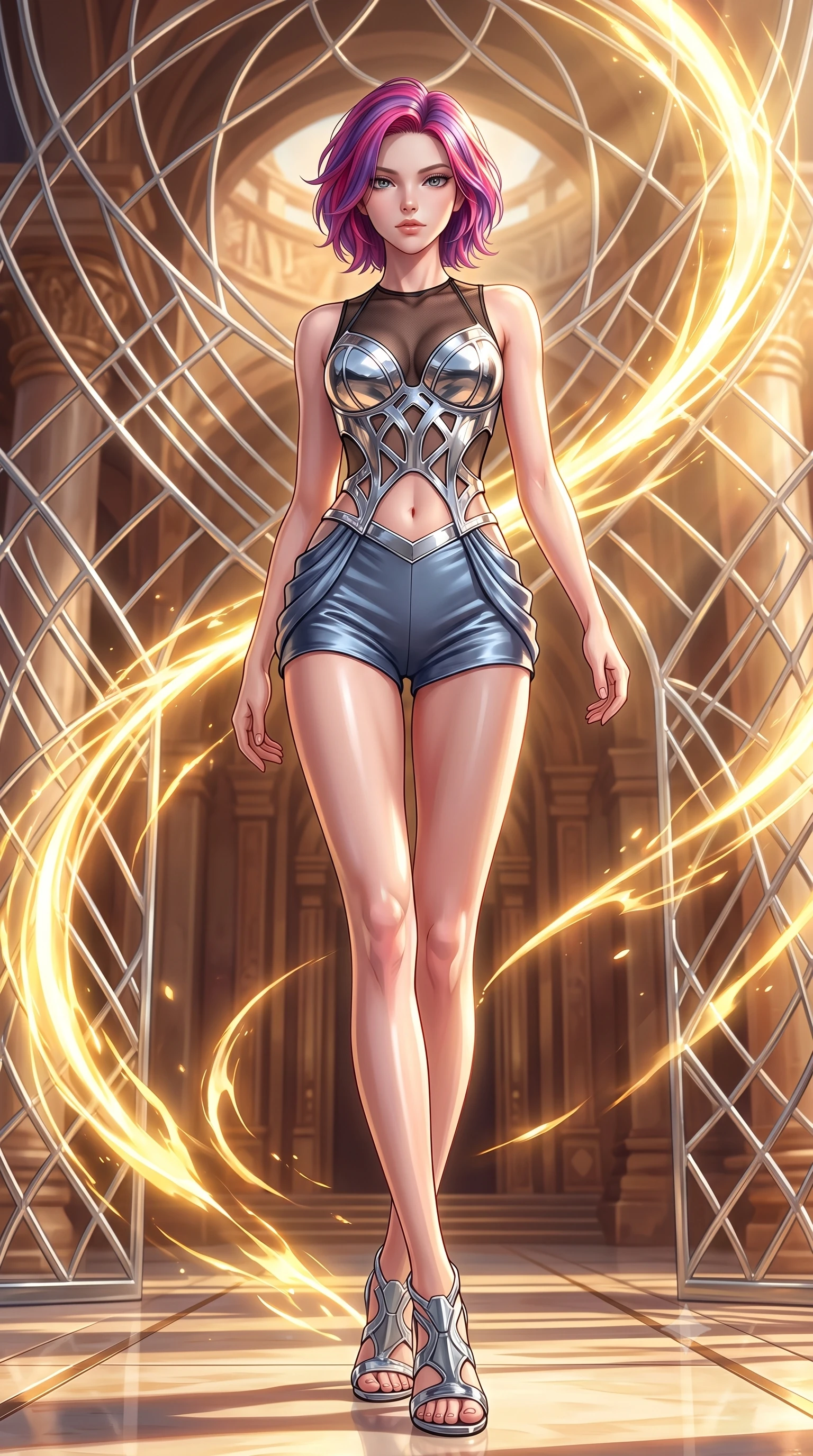 score_9, masterpiece, best quality, ultra-detailed, high-budget anime keyframe, editorial fashion photography, tasteful artistic composition, Caucasian woman. low angle full-body shot from head to toe showing her feet, filling the entire 9:16 vertical frame with her statuesque presence, stretching her vertical silhouette. forging dynamically through the scene with her long slender legs and ultra-slim waist creating a sweeping S-curve while forging dynamically through an architectural sun temple as golden energy arcs erupt nearby, platinum wire lattices reflecting intense warm sunlight with brilliant metallic luster. She has an absolutely perfect, statuesque 8.5-heads proportion, an exceptionally tall and slender model-like female figure with impossibly long slender legs and an ultra-slim waist. sharp v-shaped jawline, high-bridge nose, intricate jewel-like eyes with depth, thick eyelashes, glossy lips with a natural sheen, flawlessly proportioned anatomical accuracy, natural body alignment, perfectly sculpted elegant limbs, clean dynamic posture without body distortion. wearing a chrome-plated structured bodice worn over a sheer mesh top and micro-shorts in slate blue and metallic silver, crafted from lustrous satin jersey with fluid draping, featuring subtle geometric cutouts that highlight her ultra-slim midriff, the glove-like fit emphasizing her statuesque silhouette during motion. surrounded by a brilliant solar aura with high-contrast metallic specular shine. highly saturated vibrant anime colors, detailed shading with soft gradients, rich glossy textures, high-contrast stereoscopic depth, volumetric dynamic lighting, master piece, 9:16 ratio