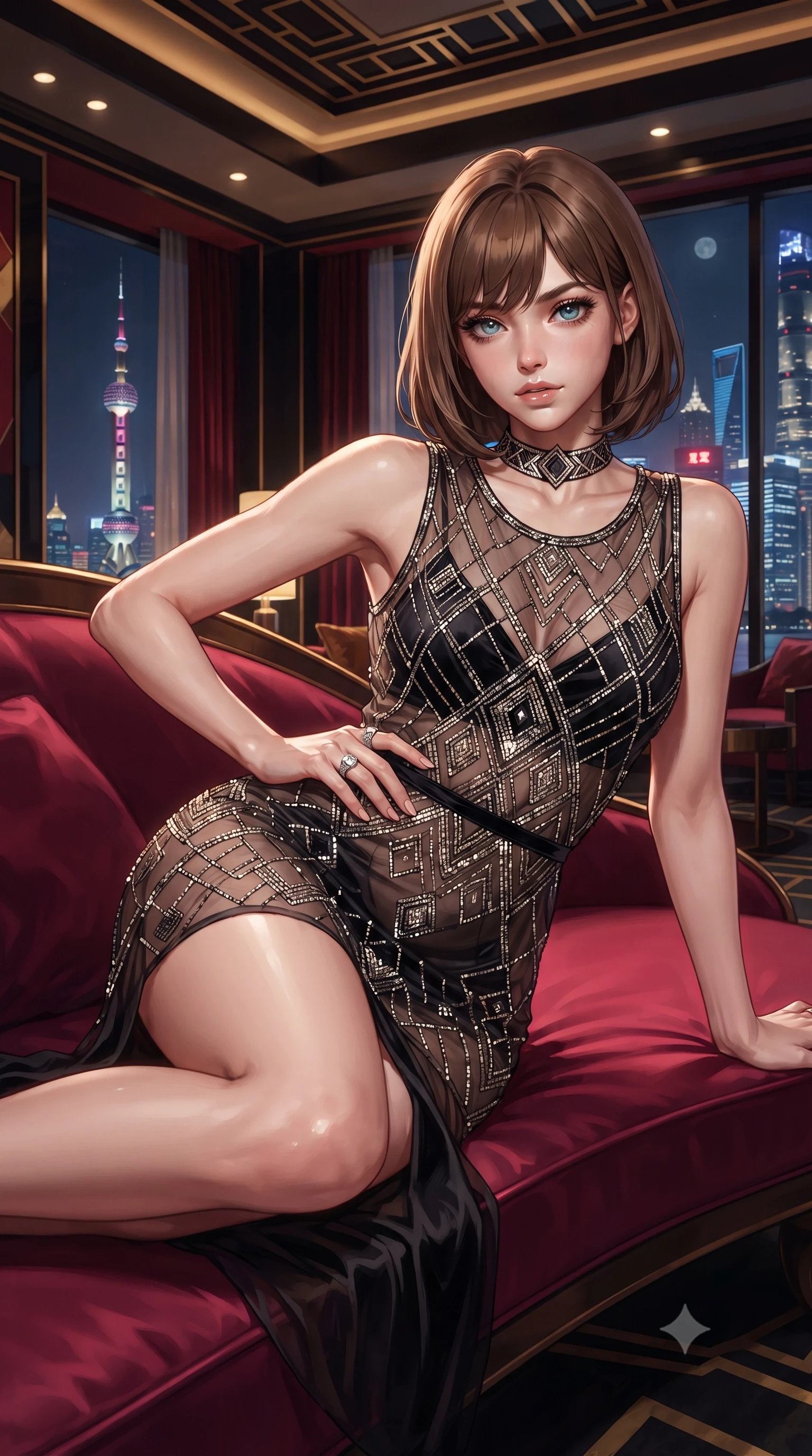 score_9, masterpiece, best quality, ultra-detailed, high-budget anime keyframe, editorial fashion photography, tasteful artistic composition, Caucasian woman. close-up cowboy shot from the waist and thighs up, the character dominates the composition, filling the frame with her large presence. tilting her chin up with proud, sovereign allure while gazing through thick eyelashes, one hand resting on her waist in pure supermodel charisma while reclining on a curved crimson silk chaise lounge inside the penthouse salon, one knee drawn up in a seductive Cleopatra pose. The surrounding environment is rendered in vivid detail and crisp panoramic clarity. rich high-contrast Shanghai modern noir chiaroscuro and ultra-luxury Oriental grand touring aesthetics in precision. She has an exceptionally elegant, slender, and willowy female figure with an ultra-slim waist, flat toned midriff, narrow ribcage, and sculpted feminine hips creating an alluring, slim hourglass silhouette without bulk. sharp v-shaped jawline, high-bridge nose, intricate jewel-like eyes with depth, thick eyelashes, glossy parted lips with a natural sheen, intensely captivating and seductive bedroom-eyes expression, flawlessly proportioned anatomical accuracy, strict slender model proportions, natural body alignment, perfectly sculpted long slender limbs, ultra-slim waistline, clean dynamic posture without body distortion. wearing a sheer vintage mesh flapper dress adorned with intricate geometric beadwork over an opaque silk slip in pitch-black velvet with diamond crystal trim, tailored from liquid silk jersey adhering flawlessly to her slender build, complemented by a bold geometric choker and sparkling cocktail ring, the liquid-tight tailored fabric clinging flawlessly to her narrow waist and rounded feminine hips, emphasizing every millimeter of her sculpted slim hourglass curves without any bulky heaviness. surrounded by a sovereign, enigmatic, and breathlessly seductive Shanghai heiress aura. ultra-reflective glossy finish, specular highlights, rich textural contrasts, high-contrast stereoscopic depth, volumetric dynamic lighting, 2k, ultra detail, master piece, 9:16 ratio