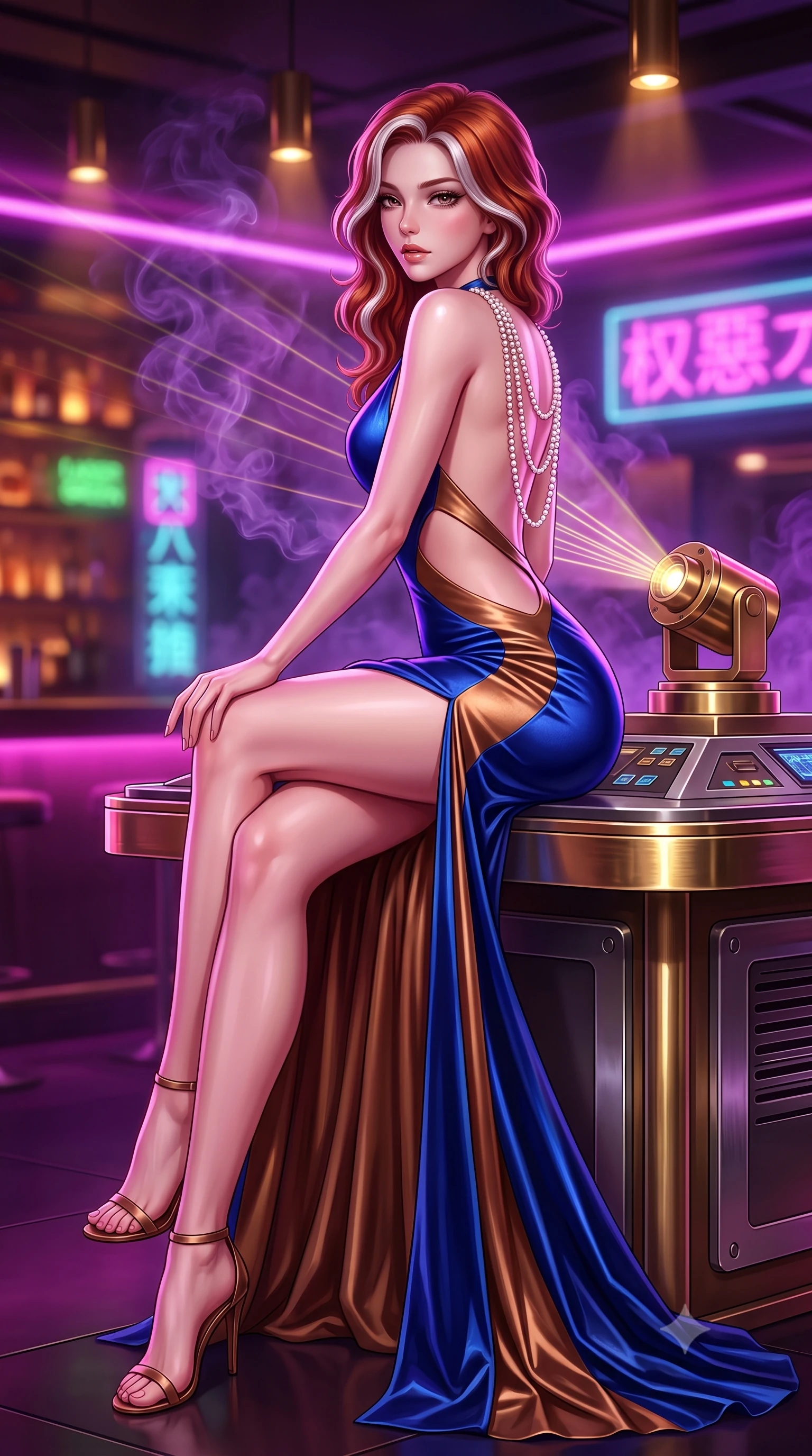score_9, masterpiece, best quality, ultra-detailed, high-budget anime keyframe, semi-realistic 3D game render, editorial fashion photography, tasteful artistic composition, Caucasian woman. low angle full-body shot from head to toe showing her feet, filling the entire 9:16 vertical frame with her statuesque presence, stretching her vertical silhouette. sitting perched on the elevated edge with hips angled toward the camera and legs crossed, displaying her toned midriff and flawlessly sculpted slender limbs while standing poised beside the brass holo-projector, twisting her upper body in an alluring S-curve as laser beams filter through cigar smoke. The composition keeps background elements in soft focus with creamy bokeh. swirling violet cigar smoke wisps and neon kanji holographic signs blurred into hot magenta, laser green, and deep amber bokeh. She has an exceptionally tall and slender model-like 8.5-heads proportion, an ultra-slim waist, a flat toned midriff, narrow delicate ribcage, and beautifully sculpted feminine hips creating a graceful, slim hourglass silhouette without any bulky heaviness, with impossibly long slender legs. sharp v-shaped jawline, high-bridge nose, intricate jewel-like eyes with depth, thick eyelashes, glossy parted lips with a natural sheen, intensely captivating and seductive bedroom-eyes expression, flawlessly proportioned anatomical accuracy, strict slender model proportions, natural body alignment, perfectly sculpted long slender limbs, ultra-slim waistline, clean dynamic posture without body distortion. wearing a sculptured liquid-satin mermaid gown with an architectural open-waist cutout and bare spine in royal sapphire blue and liquid bronze, crafted from heavyweight crushed silk velvet with liquid vintage luster, accented with a multi-strand pearl back necklace cascading down her bare spine to her hips, the dramatically scooped open back descending to the base of her spine, accentuating her razor-sharp statuesque lines and slim hourglass silhouette. bathed in rich magenta and electric violet neon light contrasting with warm amber bar downlights. highly saturated vibrant anime colors, detailed shading with soft gradients, rich glossy textures, high-contrast stereoscopic depth, volumetric dynamic lighting, master piece, 9:16 ratio