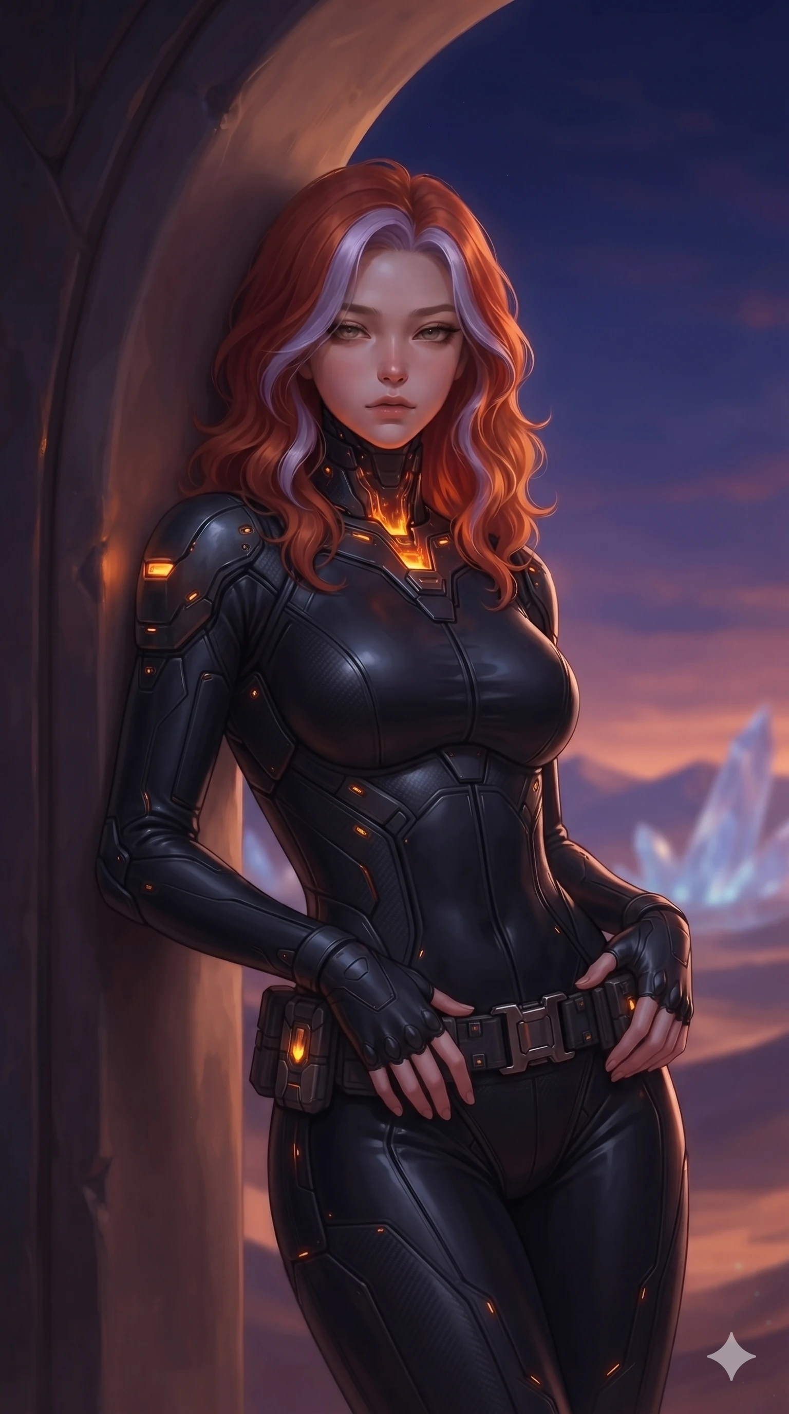 score_9, masterpiece, best quality, ultra-detailed, high-budget anime keyframe, editorial fashion photography, tasteful artistic composition, Caucasian woman. close-up cowboy shot from the waist and thighs up, the character dominates the composition, filling the frame with her large presence. resting both hands lightly on her tactical utility belt, arching her spine to highlight her narrow waist, flat midriff, and breathtaking collarbones while leaning against the smooth curved arch pillar with hips cocked back, looking through the deep twilight void with heavy-lidded bedroom-eyes. The background shows a soft-focus faint evening desert haze softened in crystalline dunes sanctuary shallow focus. She has an exceptionally elegant, slender, and willowy female figure with an ultra-slim waist, flat toned midriff, narrow ribcage, and sculpted feminine hips creating an alluring, slim hourglass silhouette without bulk. sharp v-shaped jawline, high-bridge nose, intricate jewel-like sparkling eyes with depth, thick eyelashes, glossy parted lips with a natural sheen, bright confident smile with an enchanting and coquettish sensual glint, exuding both youthful magnetic charm and sovereign high-tech allure, flawlessly proportioned anatomical accuracy, strict slender model proportions, natural body alignment, perfectly sculpted long slender limbs, ultra-slim waistline, clean dynamic posture without body distortion. wearing a form-fitting cybernetic combat suit in matte black latex and carbon fiber, tracing her willowy silhouette with a high neck in fiery geothermal copper and molten amber glow, woven from high-density tech-wool with subtle metallic thread weave, finished with polished chrome buckle hardware and modular magnetic holster clasps, the liquid-tight tailored fabric clinging flawlessly to her narrow waist and rounded feminine hips, emphasizing every millimeter of her sculpted slim hourglass curves without any bulky heaviness. illuminated by glass dune reflection bounce and sharp diamond-silver rim lights defining her razor-sharp jawline, narrow waist, and curvy hips. ultra-reflective glossy finish, specular highlights, rich textural contrasts, high-contrast stereoscopic depth, volumetric dynamic lighting, 2k, ultra detail, master piece, 9:16 ratio