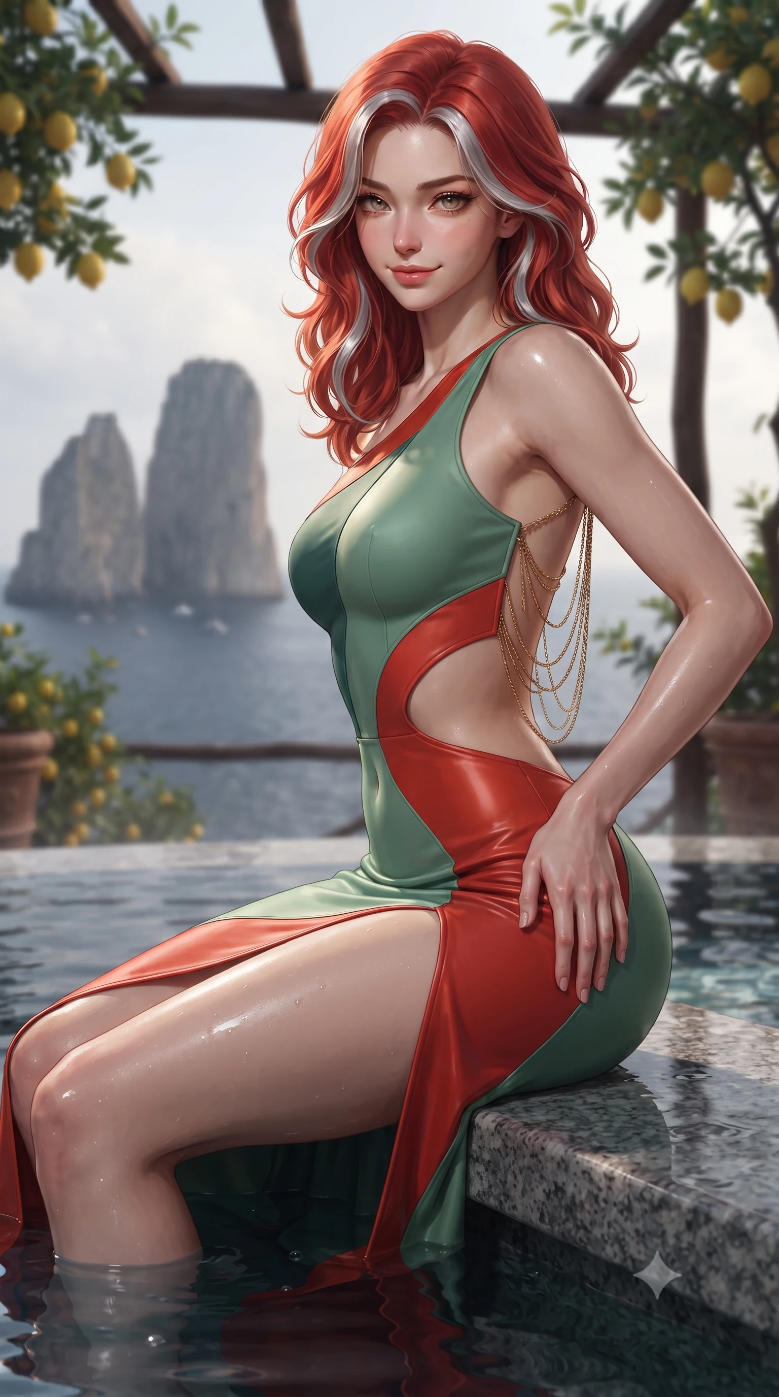 score_9, masterpiece, best quality, ultra-detailed, high-budget anime keyframe, editorial fashion photography, tasteful artistic composition, Caucasian woman. close-up cowboy shot from the waist and thighs up, the character dominates the composition, filling the frame with her large presence. tilting her head with a teasing half-smile, running one hand slowly down the side of her hip in a flirtatious S-curve as ambient light caresses her silhouette while sitting on the submerged granite bench of the open-air cliffside hydro-spa, arching her spine with wet-look siren grace overlooking the iconic Faraglioni rock stacks. The background shows a soft-focus monumental Faraglioni limestone sea stacks rising from the dark sea, fragrant yellow lemon trees on rustic chestnut pergolas, and coastal fog blurred into lemon-gold, azure, and silver bokeh. She has an exceptionally elegant, slender, and willowy female figure with an ultra-slim waist, flat toned midriff, narrow ribcage, and sculpted feminine hips creating an alluring, slim hourglass silhouette without bulk. sharp v-shaped jawline, high-bridge nose, sparkling eyes with hypnotic seductive depth, thick curled eyelashes, glossy parted lips with a natural dewy peach sheen, alluring bedroom-eyes with an enchanting coquettish smile, exuding magnetic siren charisma and sophisticated glamour, flawlessly proportioned anatomical accuracy, strict slender model proportions, natural body alignment, perfectly sculpted long slender limbs, ultra-slim waistline, clean dynamic posture without body distortion. wearing an asymmetric one-shoulder liquid jersey gown with dramatic hip-high slit and sculptural waist cutout in Kyoto bamboo jade and lacquer vermilion, tailored from fine structural neoprene with crisp architectural edges and smooth contouring, accented with an open-back drape framed by falling strands of delicate gold chains, the glove-like clinging cut tightly following the natural contour of her hips and long slender legs with youthful 8.5-heads elegance. illuminated by water surface reflection caustics and sharp platinum rim lights sculpting her jawline, flat midriff, and voluptuous hip curves. ultra-reflective glossy finish, specular highlights, rich textural contrasts, high-contrast stereoscopic depth, volumetric dynamic lighting, 2k, ultra detail, master piece, 9:16 ratio