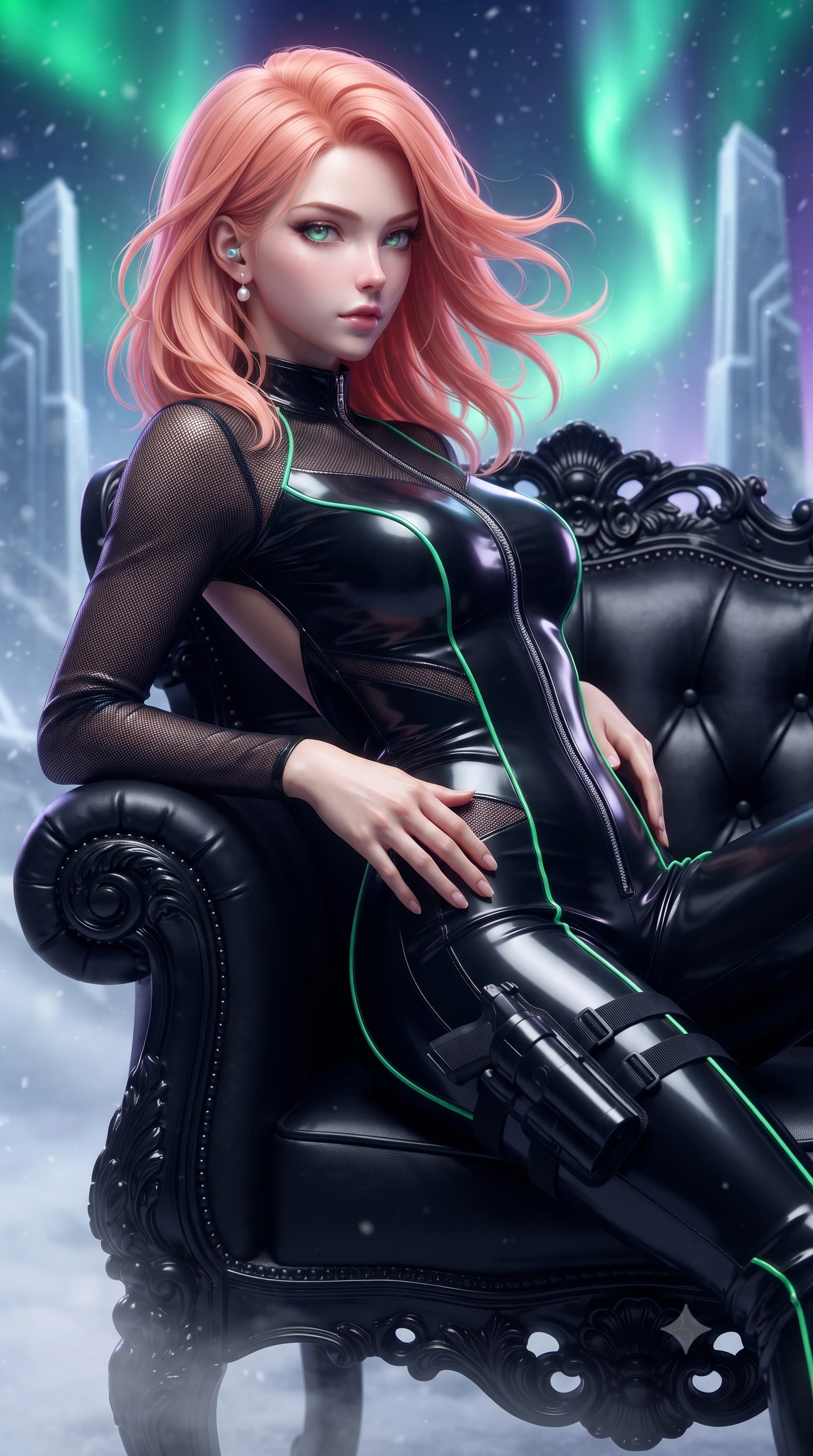 score_9, masterpiece, best quality, ultra-detailed, high-budget anime keyframe, editorial fashion photography, tasteful artistic composition, Japanese woman. close-up cowboy shot from the waist and thighs up, the character dominates the composition, filling the frame with her large presence. arching her spine backward with effortless dancer poise, one hand sliding along her hip line as directional light carves specular highlights along her silhouette while reclining on a carved obsidian throne propped on one elbow, eyes glowing with supernatural magnetism as she glances past the camera. The composition keeps background elements in soft focus with creamy bokeh. frosted titanium temple pylons and swirling snow haze softened in dramatic cinematic depth. She has an exceptionally elegant, slender, and willowy female figure with an ultra-slim waist, a gracefully sculpted slender torso, toned flat midriff, and rounded feminine hips creating an alluring hourglass silhouette. sharp v-shaped jawline, high-bridge nose, intricate jewel-like eyes with depth, thick eyelashes, glossy parted lips with a natural sheen, intensely captivating and seductive bedroom-eyes expression, flawlessly proportioned anatomical accuracy, strict slender model proportions, natural body alignment, perfectly sculpted long slender limbs, ultra-slim waistline, clean dynamic posture without body distortion. wearing an undercover operative tailored backless evening catsuit with concealed gadget pockets in stealth obsidian black and electric aurora green, made of breathable technical athletic mesh and liquid-finish track nylon, accessorized with a sleek concealed garter holster and pearl ear transmitter, the second-skin form-contouring cut accentuating her sculpted flat midriff, narrow waistline, and dramatically curvy hips without adding bulk. bathed in vibrant emerald and violet aurora backlighting from the polar sky. ultra-reflective glossy finish, specular highlights, rich textural contrasts, high-contrast stereoscopic depth, volumetric dynamic lighting, 2k, ultra detail, master piece, 9:16 ratio