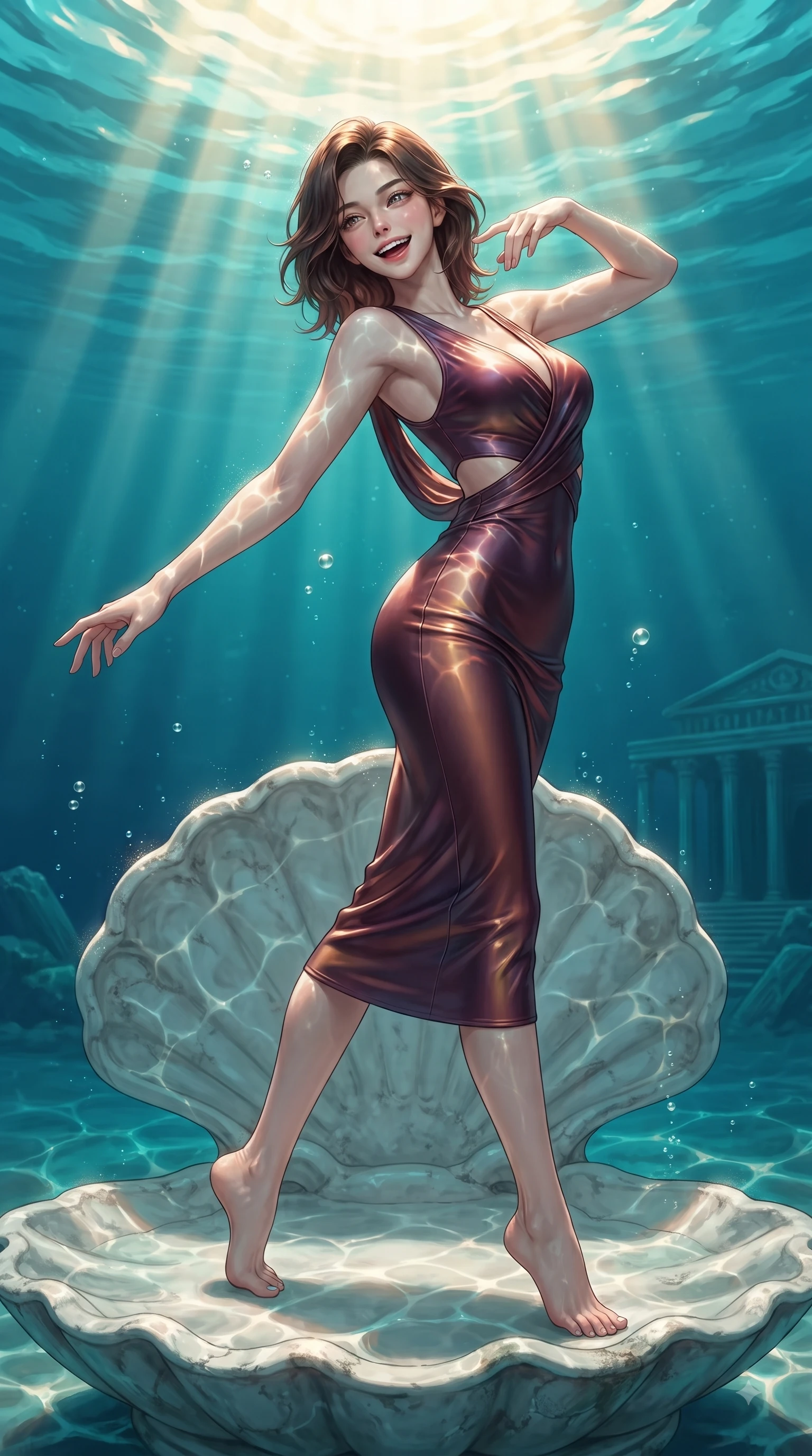 score_9, masterpiece, best quality, ultra-detailed, high-budget anime keyframe, editorial fashion photography, tasteful artistic composition, Korean woman. low angle full-body shot from head to toe showing her feet, filling the entire 9:16 vertical frame with her statuesque presence, stretching her vertical silhouette. pivoting dynamically in zero-gravity with a delighted laughing expression, displaying her perfect model proportions while pivoting her torso in an S-curve alignment on a sunken white marble shell altar, golden sunbeams penetrating deep turquoise water creating caustic light ripples. She has an absolutely perfect, statuesque 8.5-heads proportion, an exceptionally tall and slender model-like female figure with impossibly long slender legs and an ultra-slim waist. sharp v-shaped jawline, high-bridge nose, intricate jewel-like eyes with depth, thick eyelashes, glossy lips with a natural sheen, flawlessly proportioned anatomical accuracy, natural body alignment, perfectly sculpted elegant limbs, clean dynamic posture without body distortion. wearing a precision-fitted liquid jersey bodycon dress with a graceful draped back in deep burgundy and bronze, formed from sleek second-skin neoprene, featuring subtle geometric cutouts that highlight her ultra-slim midriff, the tailored fabric tightly following every curve of her athletic build. surrounded by a shimmering ocean aura with bright pearl-white specular rim lights. ultra-reflective glossy finish, specular highlights, metallic sheen, high-contrast stereoscopic depth, volumetric dynamic lighting, 2k, ultra detail, master piece, 9:16 ratio