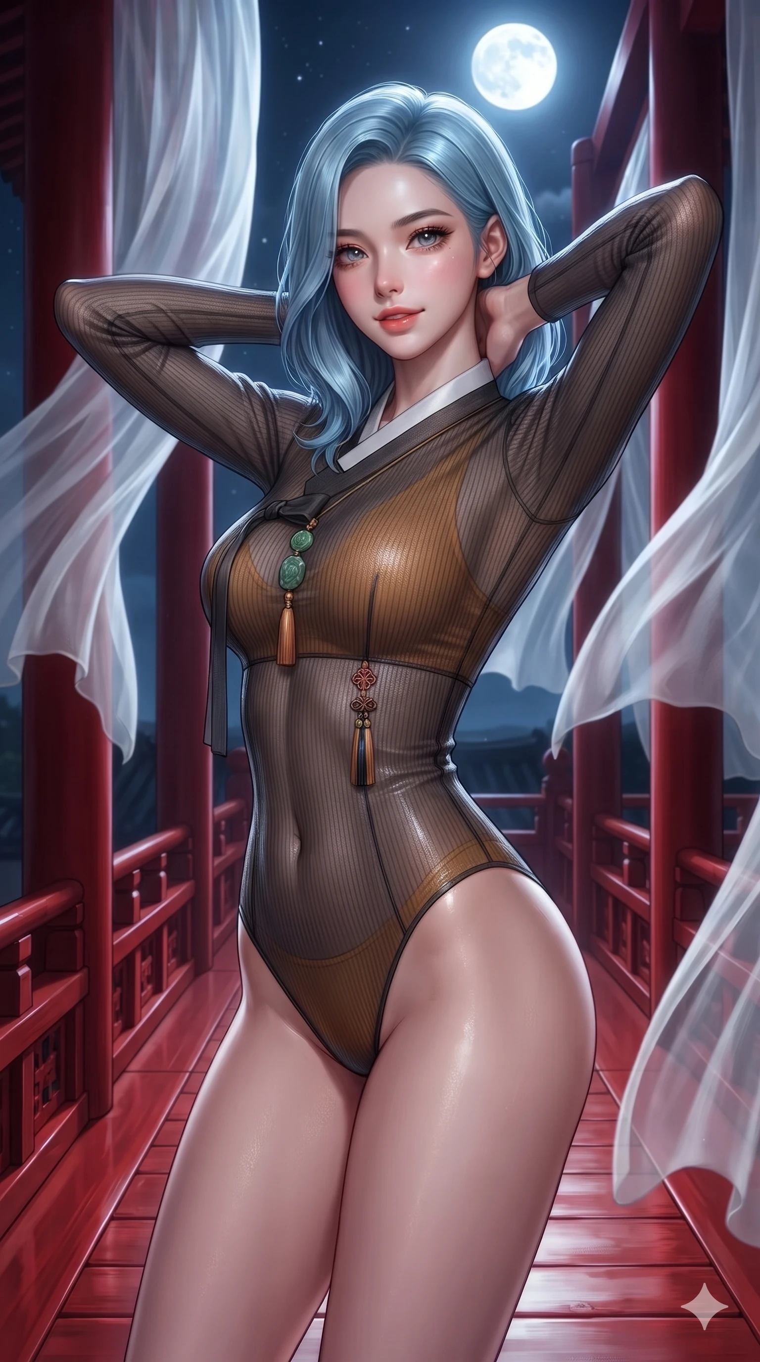 score_9, masterpiece, best quality, ultra-detailed, high-budget anime keyframe, editorial fashion photography, tasteful artistic composition, Korean woman. close-up cowboy shot from the waist and thighs up, the character dominates the composition, filling the frame with her large presence. resting both hands lightly behind her neck with elbows raised, arching her spine to highlight her narrow waist, flat midriff, and breathtaking collarbones while walking slowly down the sweeping red lacquer veranda corridor as nocturnal breezes whip sheer silk curtains around her curves. The surrounding environment is rendered in vivid detail and crisp panoramic clarity: sharp red lacquer gloss on railings, sheer silk curtain weave transparency, and carved wooden floor joists in deep focus. She has an exceptionally elegant, slender, and willowy female figure with an ultra-slim waist, flat toned midriff, narrow ribcage, and sculpted feminine hips creating an alluring, slim hourglass silhouette without bulk. sharp v-shaped jawline, high-bridge nose, sparkling eyes with hypnotic seductive depth, thick curled eyelashes, glossy parted lips with a natural dewy peach sheen, alluring bedroom-eyes with an enchanting coquettish smile, exuding magnetic siren charisma and sophisticated glamour, flawlessly proportioned anatomical accuracy, strict slender model proportions, natural body alignment, perfectly sculpted long slender limbs, ultra-slim waistline, clean dynamic posture without body distortion. wearing a delicate semi-translucent wet-look mesh hanbok bodysuit clinging sheerly to her sculpted torso and hip curves in smoked agarwood charcoal and warm honey amber, tailored from fine ribbed modal knit with gentle elastic contouring and soft hand-feel, finished with authentic carved jade pendants and traditional norigae knots, the form-fitting cut adhering flawlessly to her sculpted flat midriff and slender torso, emphasizing her long leg lines and perfectly proportioned willowy build. bathed in high-contrast full-moon light streaming horizontally between veranda pillars. ultra-reflective glossy finish, specular highlights, rich textural contrasts, high-contrast stereoscopic depth, volumetric dynamic lighting, 2k, ultra detail, master piece, 9:16 ratio