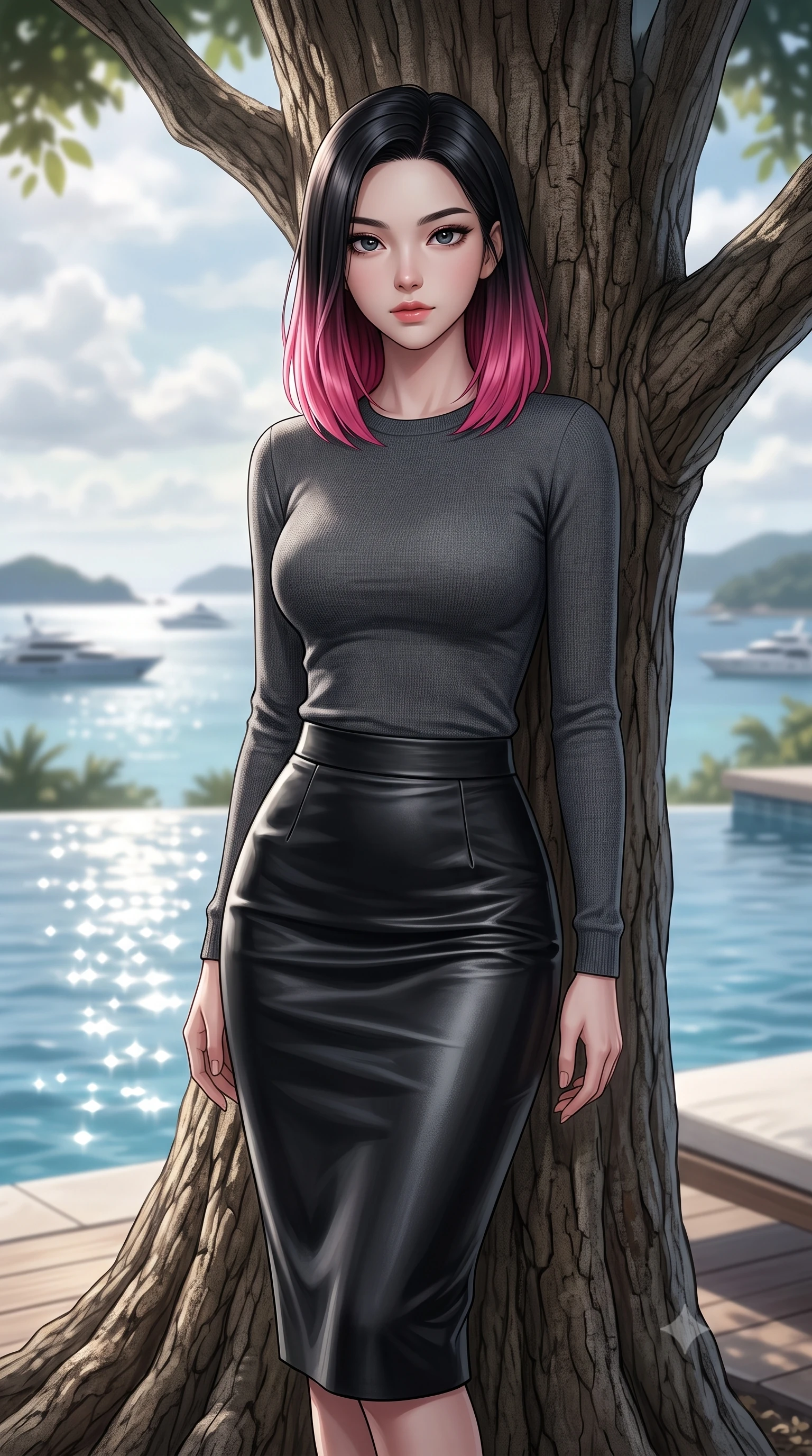 score_9, masterpiece, best quality, ultra-detailed, high-budget anime keyframe, editorial fashion photography, tasteful artistic composition, Korean woman woman. close-up cowboy shot from the waist and thighs up, the character dominates the composition, filling the frame with her large presence, background elements kept in soft focus. standing relaxed against a tree trunk, sharing a quiet, serene moment with the viewer the background shows a soft-focus an infinity pool deck overlooking a tropical bay, with passing yachts in the distant soft focus. She has an exceptionally elegant, slender, and willowy female figure with an ultra-slim waist, a gracefully sculpted slender torso, and a refined silhouette. sharp v-shaped jawline, high-bridge nose, intricate jewel-like eyes with depth, thick eyelashes, glossy lips with a natural sheen. wearing a body-hugging body-hugging knit top in charcoal grey, paired with a tight-fitting leather midi skirt. shimmering sunbeams creating sparkling reflections off the water surface. 2k, ultra detail, master piece, 9:16 ratio