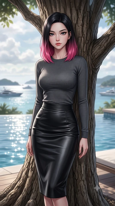 score_9, masterpiece, best quality, ultra-detailed, high-budget anime keyframe, editorial fashion photography, tasteful artistic composition, Korean woman woman. close-up cowboy shot from the waist and thighs up, the character dominates the compositi