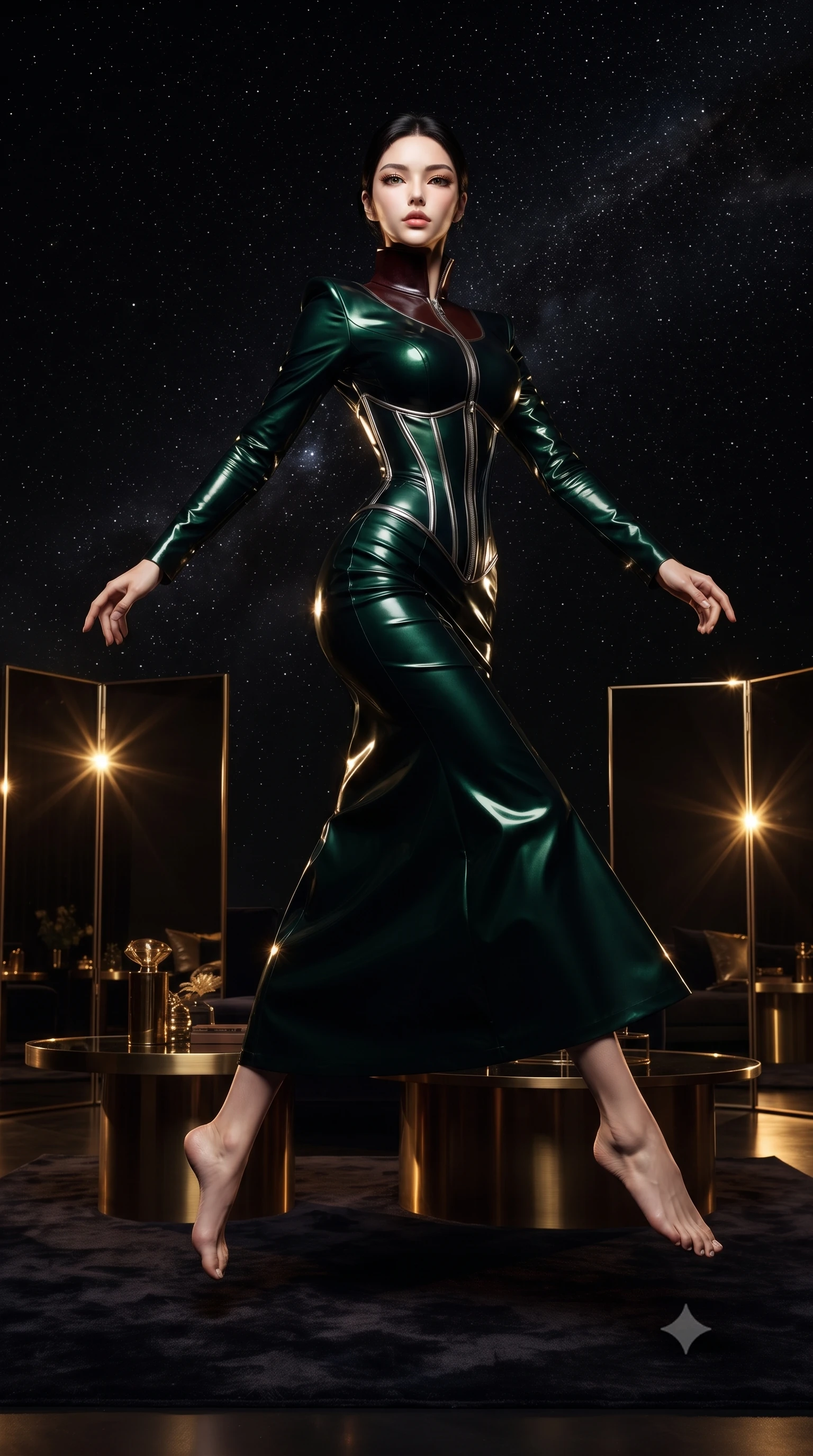 score_9, masterpiece, best quality, ultra-detailed, high-budget anime keyframe, editorial fashion photography, tasteful artistic composition, Korean woman. low angle full-body shot from head to toe showing her feet, filling the entire 9:16 vertical frame with her statuesque presence, stretching her vertical silhouette. leaping dynamically through the starry space, her posture full of power and elegance, poised on a dark velvet rug surrounded by low warm brass coffee tables, polished mirror panels glinting with sharp golden specular highlights. She has an absolutely perfect, statuesque 8.5-heads proportion, an exceptionally tall and slender model-like female figure with impossibly long slender legs and an ultra-slim waist. sharp v-shaped jawline, high-bridge nose, intricate jewel-like eyes with depth, thick eyelashes, glossy lips with a natural sheen. wearing long-sleeved dark emerald satin gown with high structured collar in dark mahogany, made of high-gloss liquid vinyl, finished with metallic silver boning and sleek zipper points, the fitted fabric emphasizing her ultra-slim waist. surrounded by a regal gold and black ambiance with crisp rim lights. ultra-reflective glossy finish, specular highlights, metallic sheen, high-contrast stereoscopic depth, volumetric dynamic lighting, 2k, ultra detail, master piece, 9:16 ratio