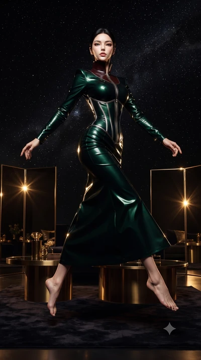score_9, masterpiece, best quality, ultra-detailed, high-budget anime keyframe, editorial fashion photography, tasteful artistic composition, Korean woman. low angle full-body shot from head to toe showing her feet, filling the entire 9:16 vertical f