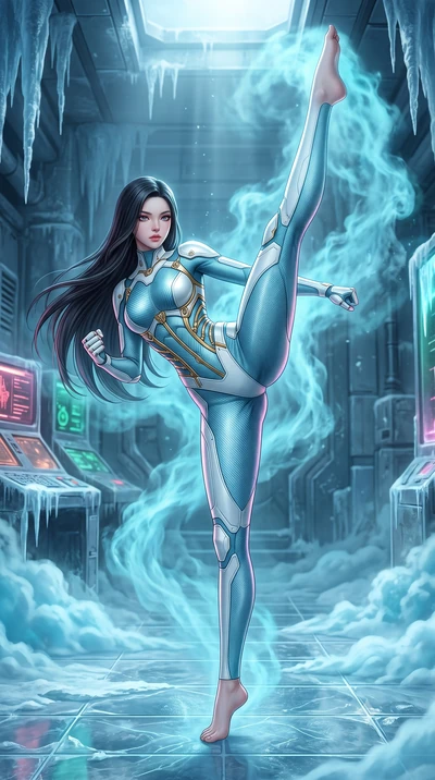 score_9, masterpiece, best quality, ultra-detailed, high-budget anime keyframe, semi-realistic 3D game render, editorial fashion photography, tasteful artistic composition, Korean woman. low angle full-body shot from head to toe showing her feet, fil