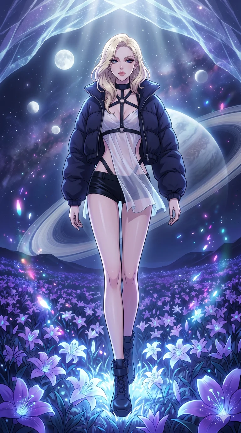 score_9, masterpiece, best quality, ultra-detailed, High-budget Anime Keyframe, vibrant colors, fluid line-art, expressive lighting, cinematic composition, Ufotable-style visual effects, top-tier animation quality, Caucasian woman with pale skin, blonde hair, and (strictly human ears). Cinematic low angle perspective showcasing her towering height and perfect 8-heads proportion. Walking gracefully through a field of bioluminescent lilies that glow brighter as she passes, under a sky filled with three moons. She has an absolutely perfect 8-heads proportion, an exceptionally tall and slender female figure with impossibly long slender legs and an ultra-slim waist, her statuesque height and towering silhouette dominating the vertical 9:16 frame. Her face is a masterpiece featuring a sharp v-shaped jawline, high-bridge nose, intricate jewel-like eyes with depth, thick eyelashes, and glossy lips with a natural sheen. She is wearing a Oversized puffer jacket worn over a micro-shorts and harness set, unzipped to reveal her chest crafted from Sheer silk that is almost transparent, flowing like water around her statuesque frame, featuring strategic side cut-outs that emphasize her ultra-slim waist and hips. The scene is set in a mysterious alien planet with bioluminescent purple flora and a giant ringed planet in the sky, illuminated by ethereal moonlight filtering through a crystalline canopy, creating soft highlights. 2k, ultra detail, master piece, 9:16 ratio