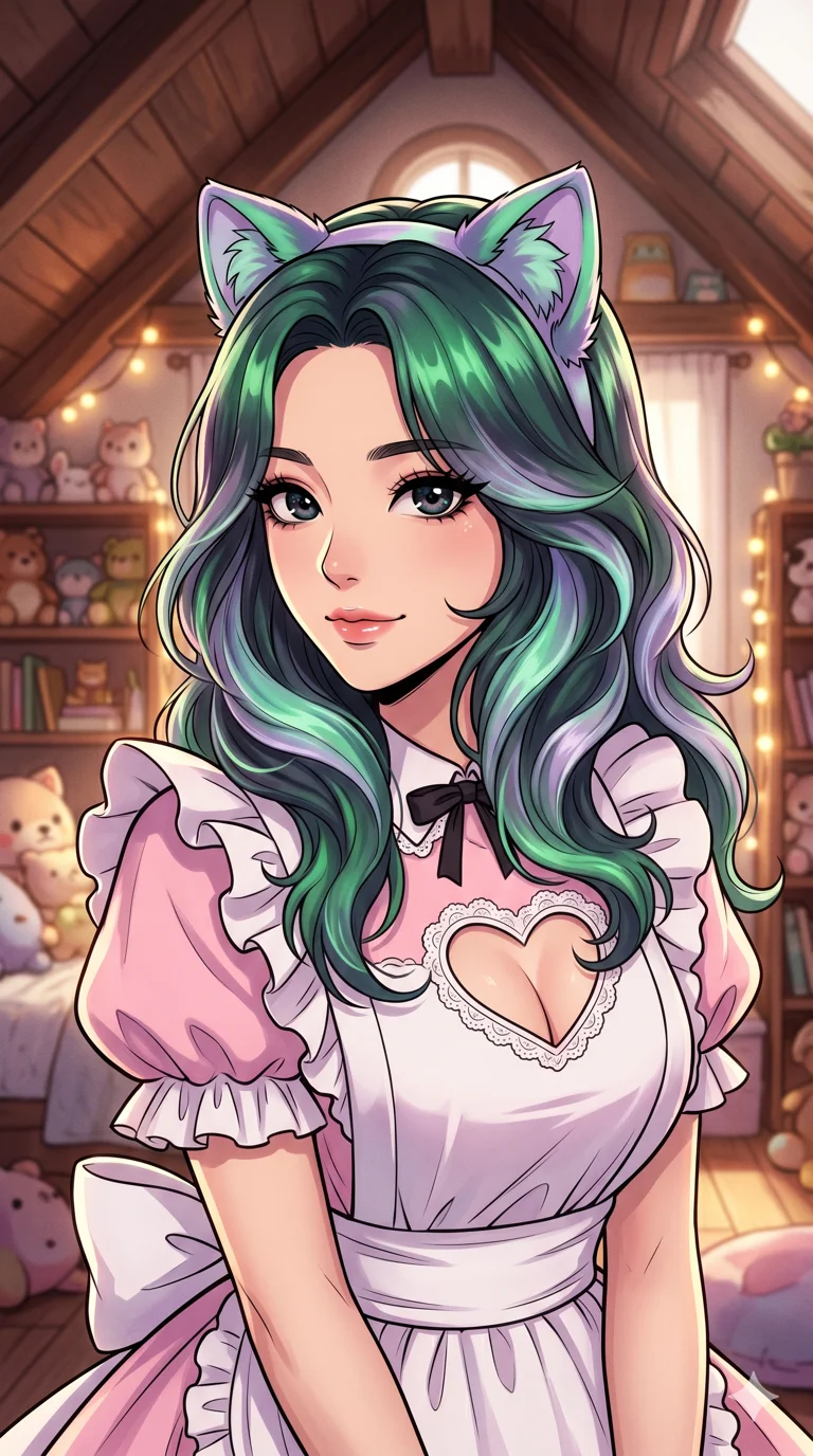 score_9, masterpiece, best quality, ultra-detailed, high-budget anime keyframe, vibrant colors and expressive line art, an incredibly beautiful Korean woman. Medium shot of upper body focusing on her alluring and cute features and her aurora-borealis hair with swirling emerald green and ethereal violet tones, filling the vertical 9:16 frame. She is wearing a cute cat-ear headband that syncs with her hair color. She has a sharp v-shaped jawline, high-bridge nose, intricate jewel-like eyes, thick eyelashes, and glossy lips. She possesses an absolutely perfect 8-heads proportion and a slim-fit silhouette. She is wearing a frilly pastel-colored maid outfit with a heart-shaped cutout on the chest, highlighting her alluring silhouette. a cozy attic bedroom filled with fairy lights and plushies, dramatic rim lighting, cinematic shadows, 2k, ultra detail, master piece, 9:16 ratio